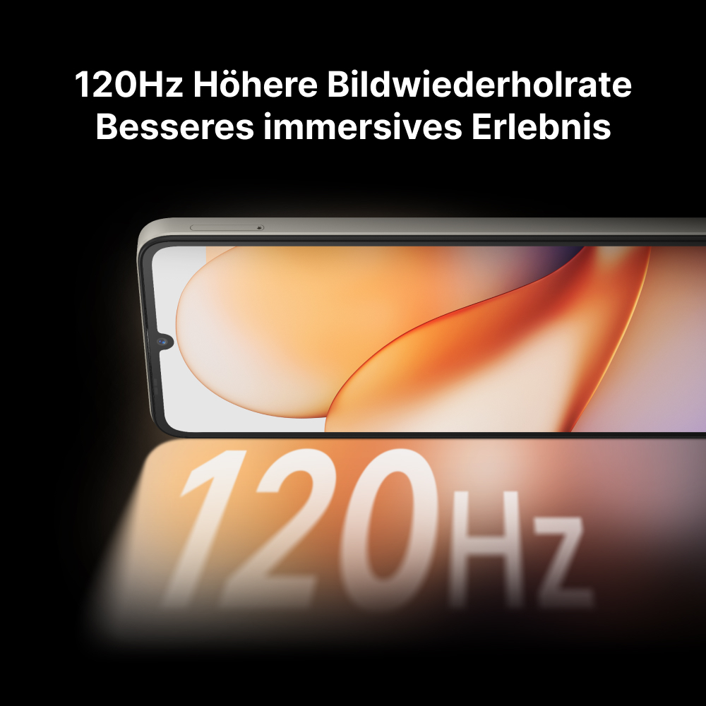 Smartphone-Bildschirm mit 120Hz-Text, Kante des Displays sichtbar.
