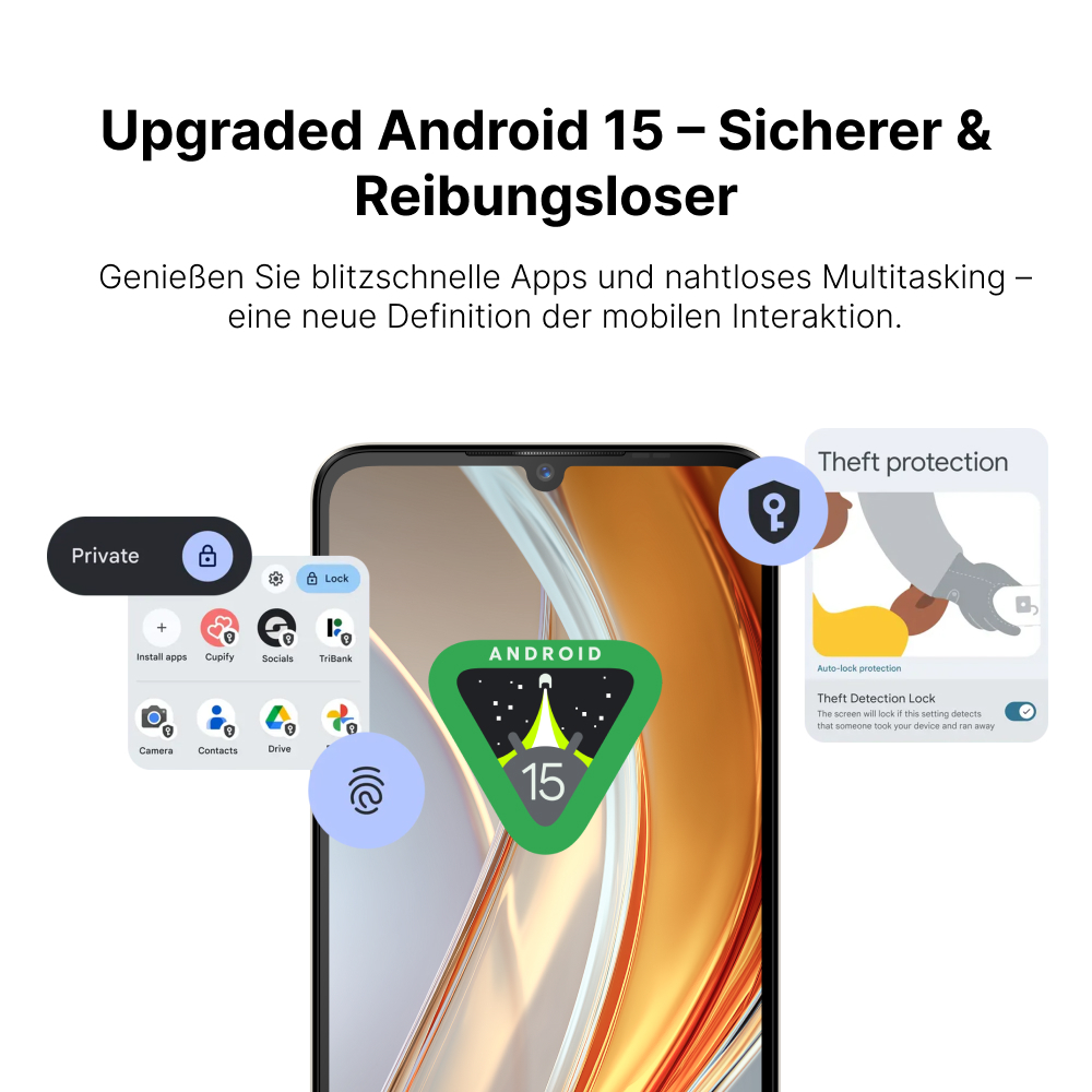 Smartphone mit Apps, Android 15 Oberfläche, Sicherheitsfunktionen.