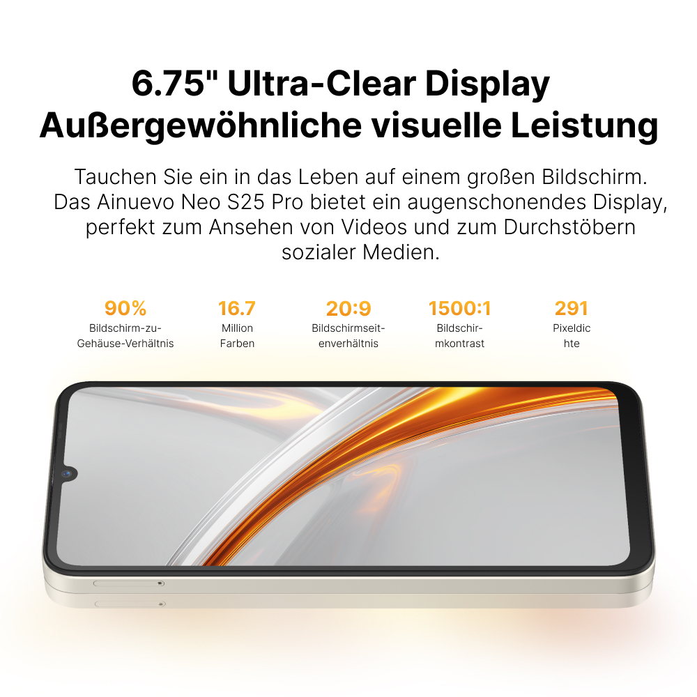 Smartphone-Bildschirm mit Spezifikationen: 90% Bildschirm, 16,7M Farben, 20:9.