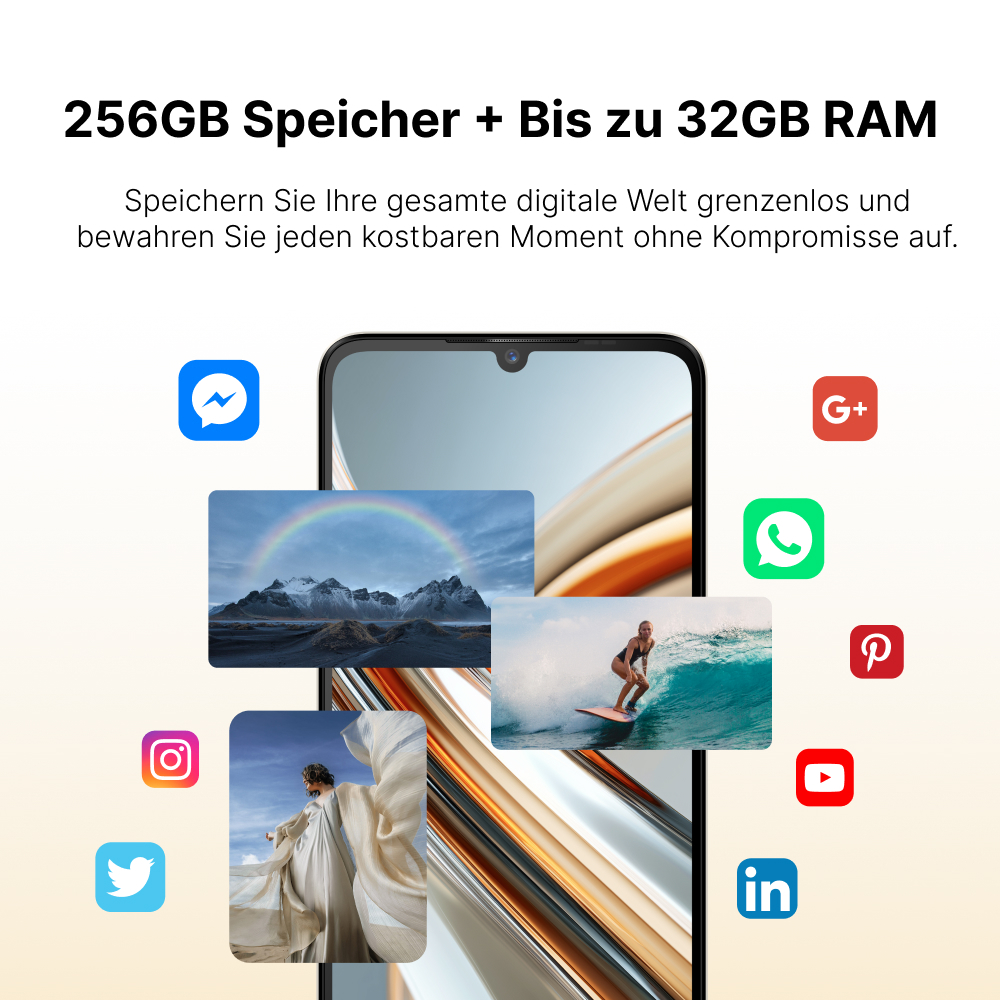 Smartphone-Bildschirm mit Social-Media-App-Symbolen und Bildern.
