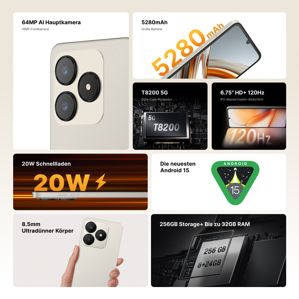 Collage mit Smartphone, Funktionen: 64MP AI-Hauptkamera, 5280mAh Akku.