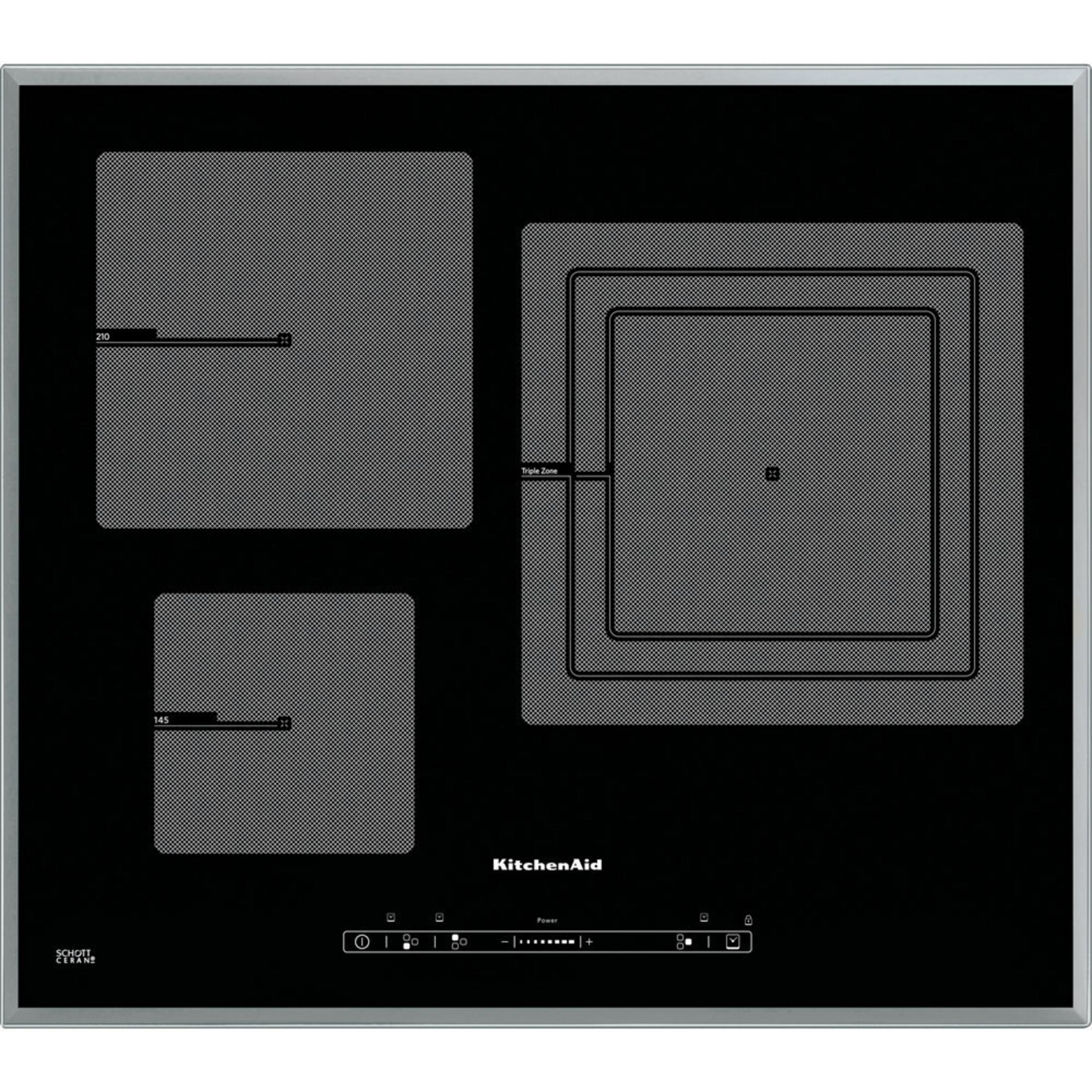 Una placa de cocina negra con tres zonas de cocción y un logotipo de KitchenAid en el panel frontal.