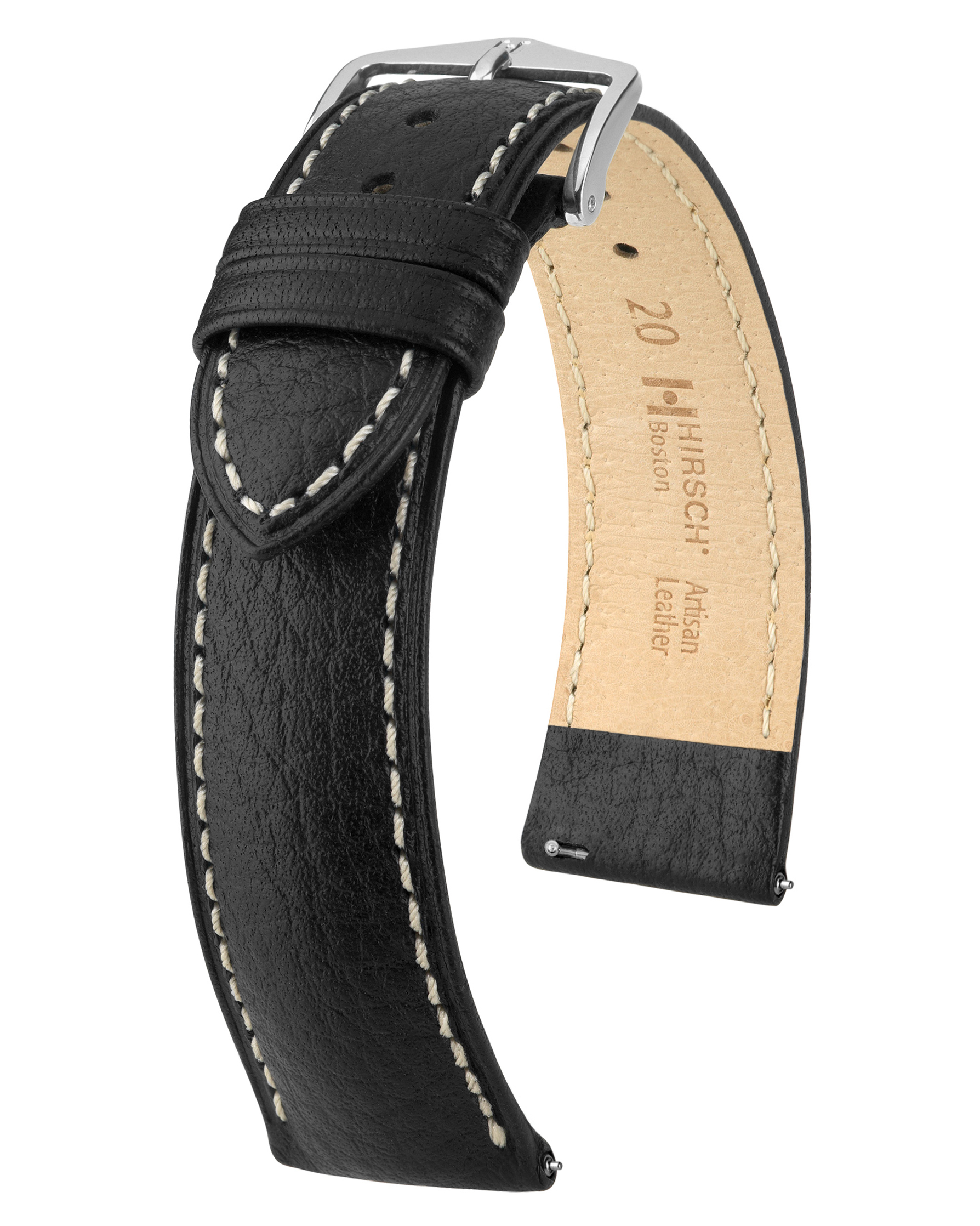 Ein schwarzes Leder-Armband mit weißen Nähten und einer silbernen Schnalle. Hirsch Artisan Leather.