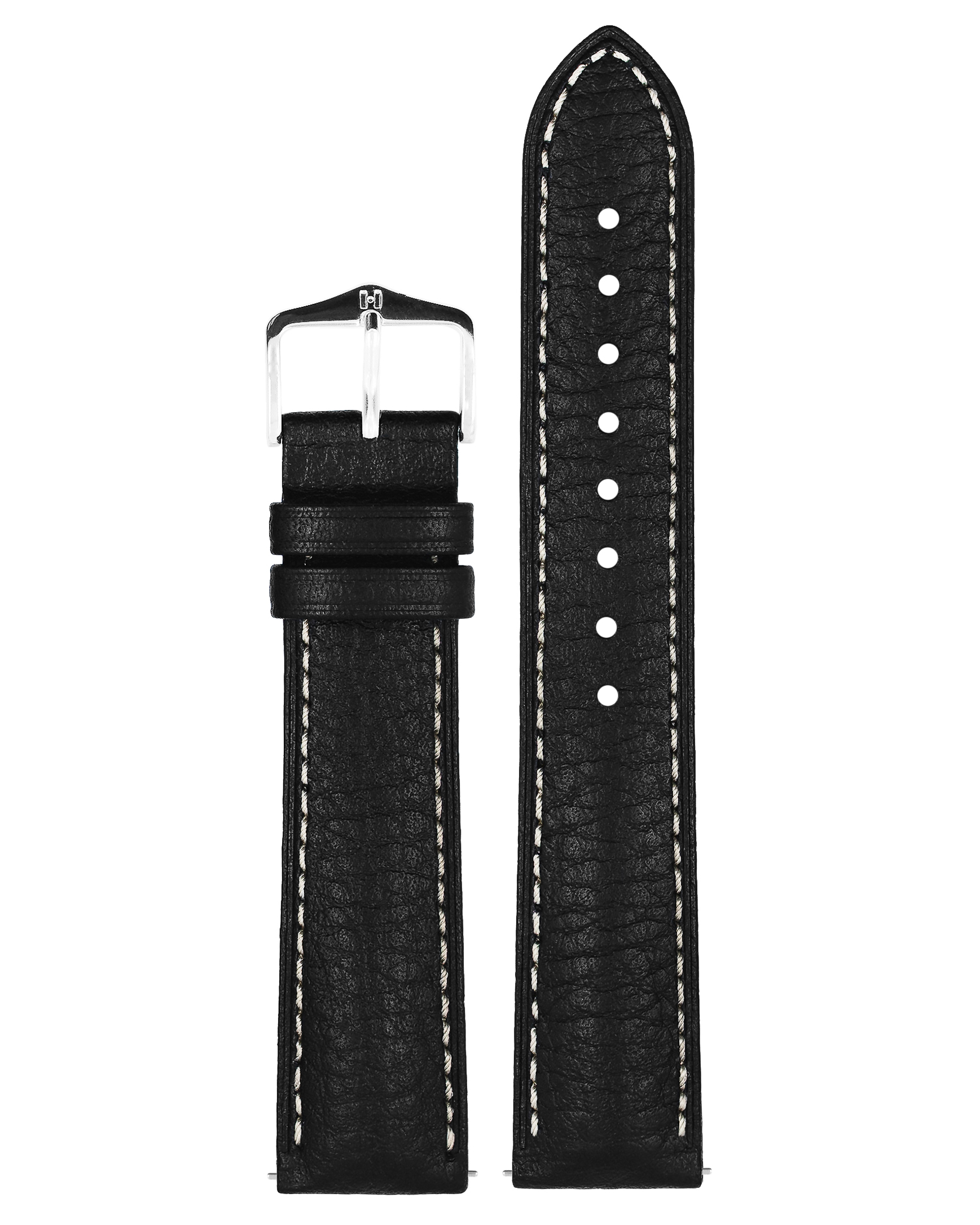 Schwarzes Lederarmband mit weißen Nähten und silberner Schnalle.