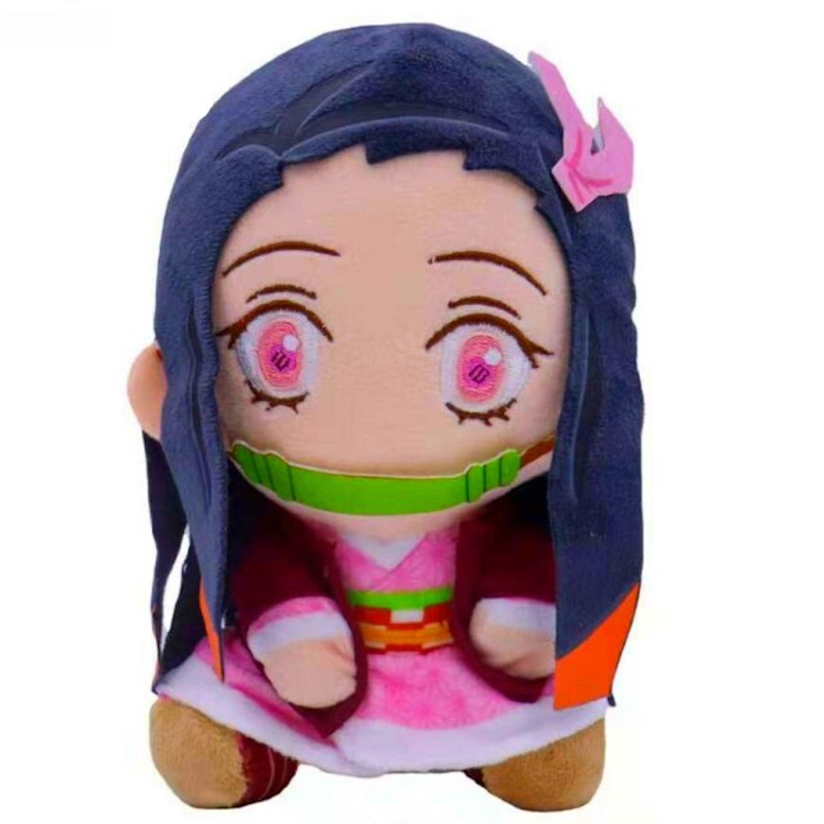 Anime-Plüschpuppe mit schwarzen Haaren, rosa Augen, rosa Schleife und grünem Mundschutz.