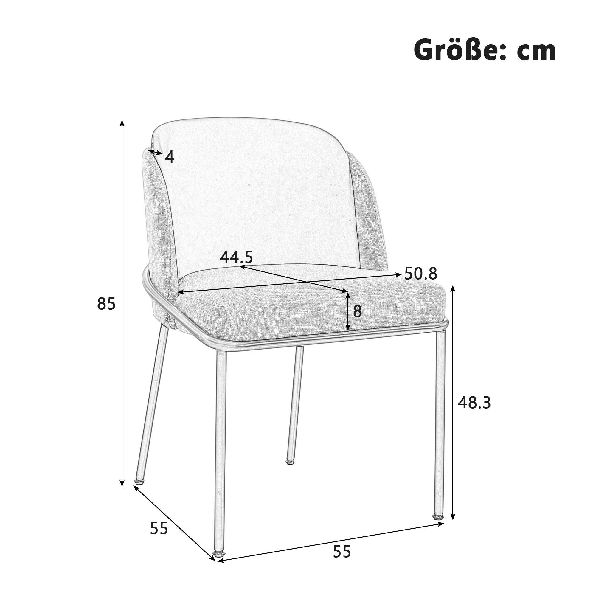 Eine Strichzeichnung zeigt einen Stuhl mit Maßen: 85cm hoch, 55cm breit, 55cm tief und Sitz 44,5cm breit.