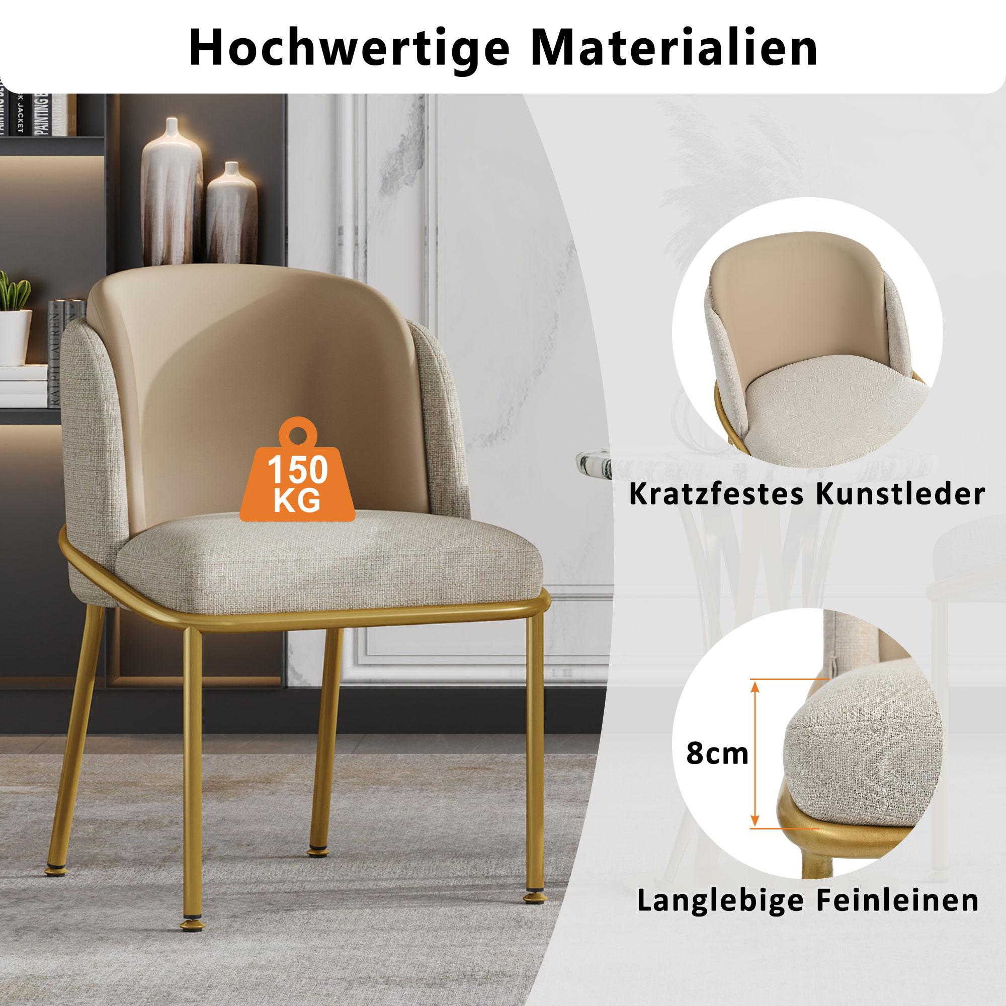 Beiger Stuhl mit goldenen Beinen. Textkennzeichnungen: 150KG Tragfähigkeit, kratzfestes Kunstleder, strapazierfähiger Stoff.