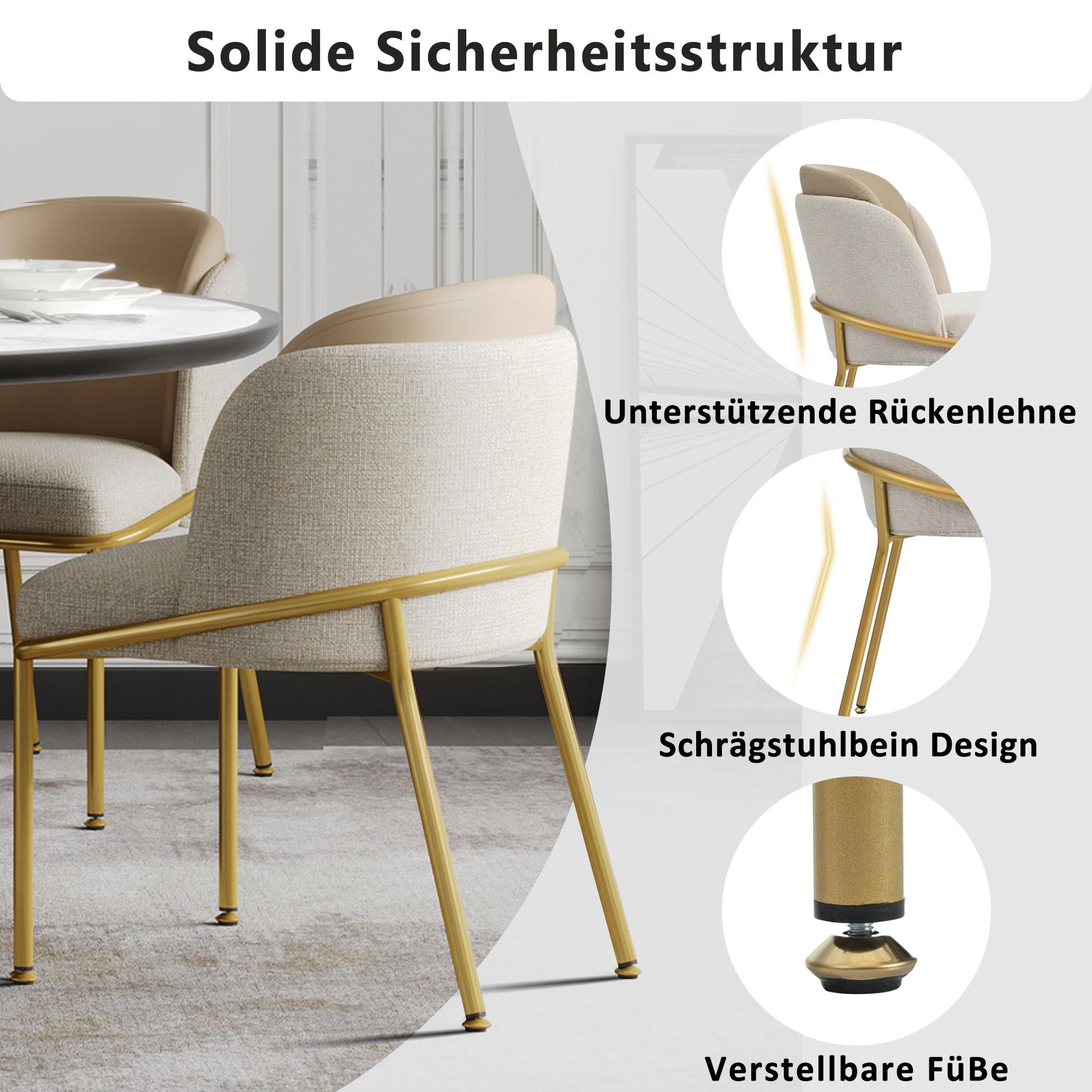 Beiger Stuhl mit goldenen Beinen. Textkennzeichnungen: stützende Rückenlehne, schräges Beindesign, verstellbare Füße.
