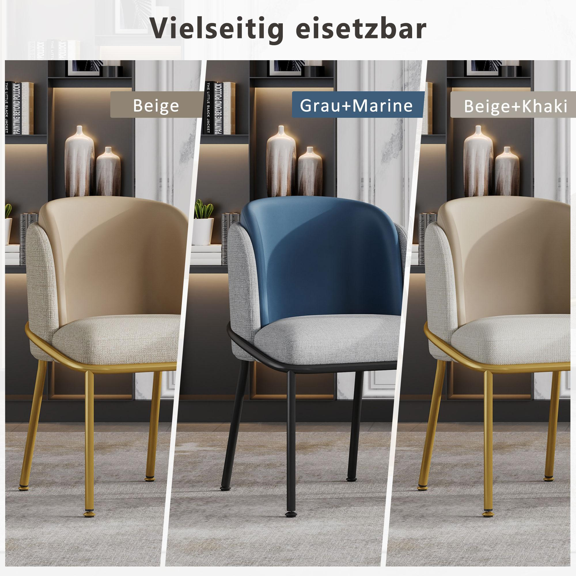 Ein Stuhl in drei Farbschemata: Beige, Grau-Marine und Beige-Khaki. Goldene Beine, mit unterschiedlichen Rückenfarben.