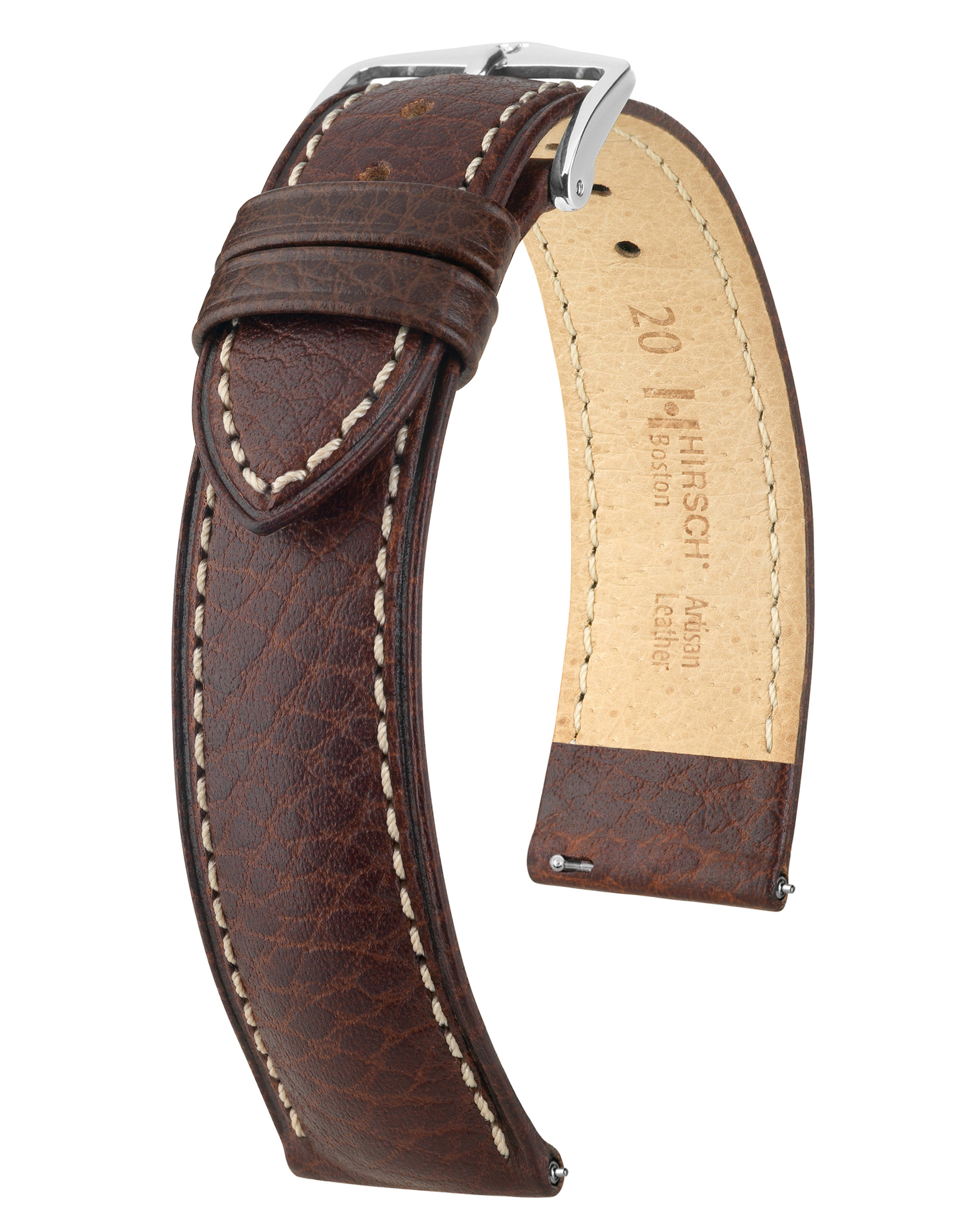 Braunes Lederuhrenarmband mit weißen Nähten und einer silbernen Schnalle. Die Rückseite ist beige.