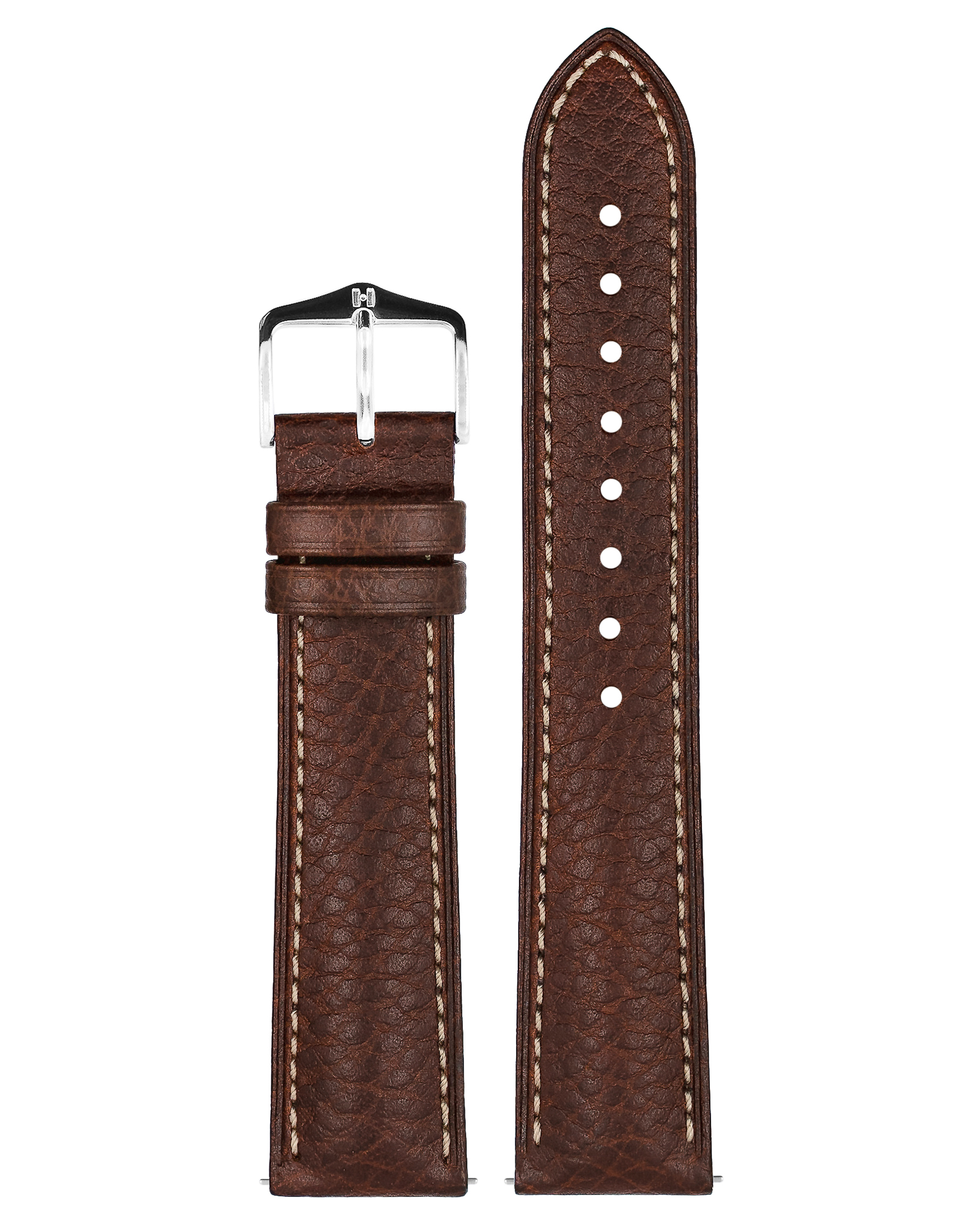 Braunes Lederuhrenarmband mit weißen Nähten und einer silbernen Schnalle. Die Rückseite ist beige.