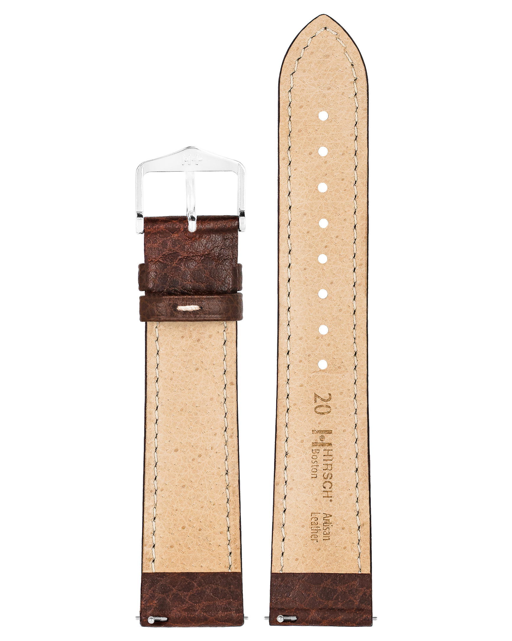 Braunes Lederuhrenarmband mit weißen Nähten und einer silbernen Schnalle. Die Rückseite ist beige.