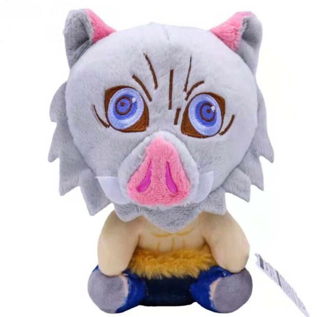 Ein Plüschtier einer Eber-Kopf-Figur mit blauen Augen und einer rosa Schnauze. Es hat stacheliges Haar.
