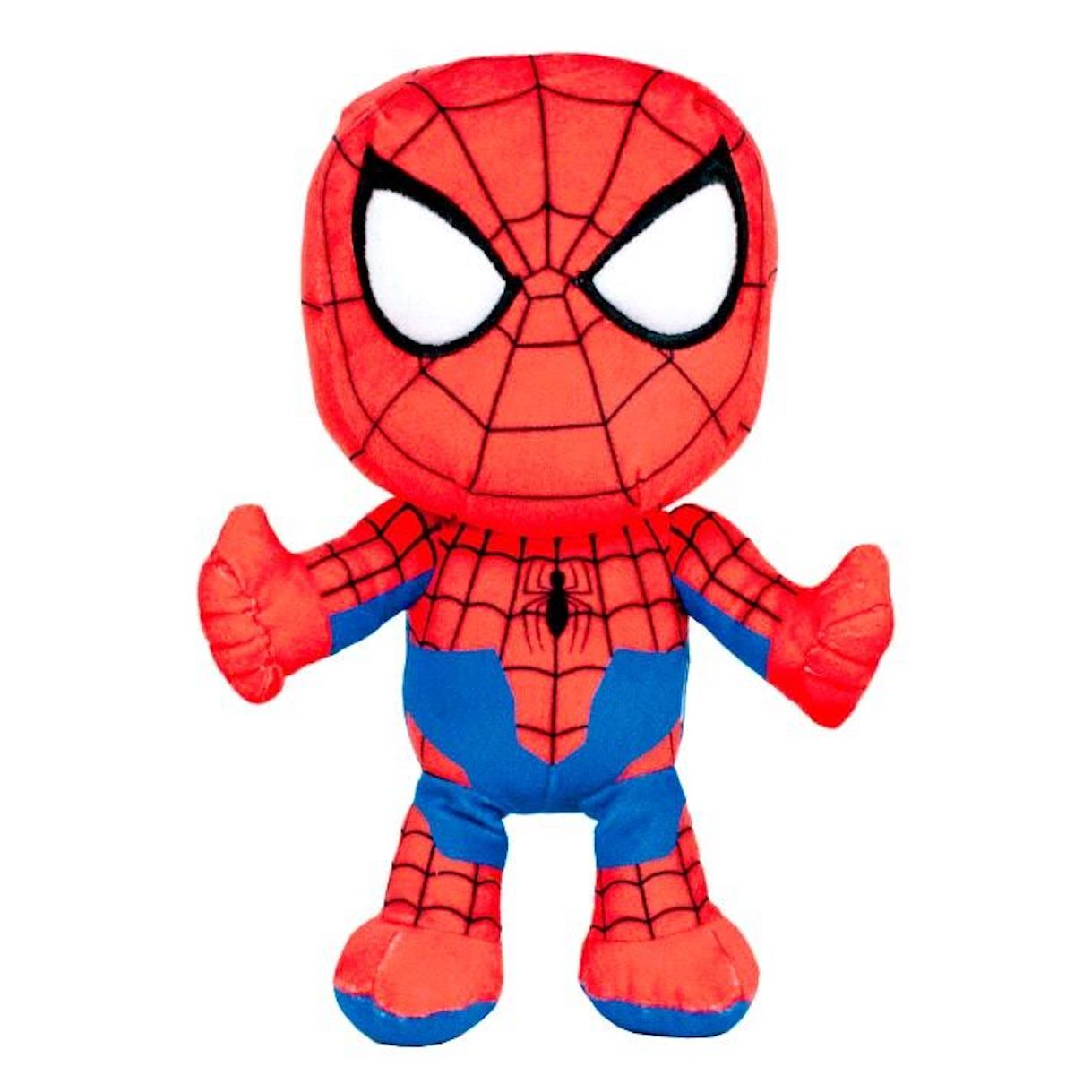 Ein Spider-Man-Plüschtier steht vor weißem Hintergrund. Es ist rot und blau mit Spinnennetz-Design auf dem Körper.