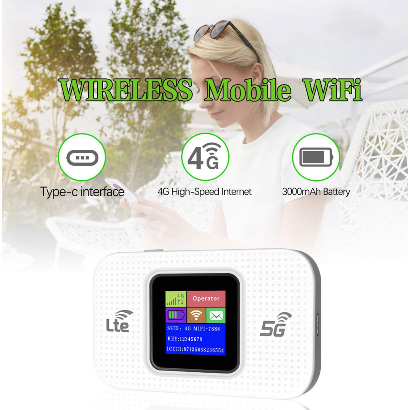 Eine Frau benutzt ein mobiles WLAN-Gerät. Das Gerät ist weiß. Es gibt Symbole für verschiedene Funktionen. Der Hintergrund ist draußen.