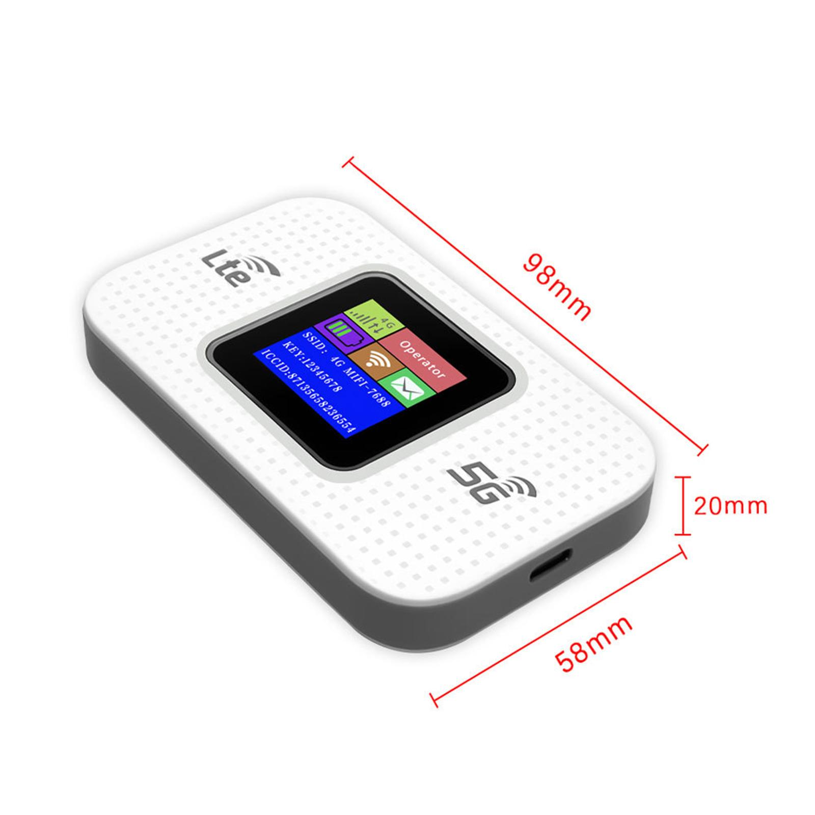 Ein mobiles WLAN-Gerät mit Abmessungen. Das Gerät hat einen Bildschirm. Abmessungen sind 98 mm, 58 mm und 20 mm. Das Gerät ist weiß.