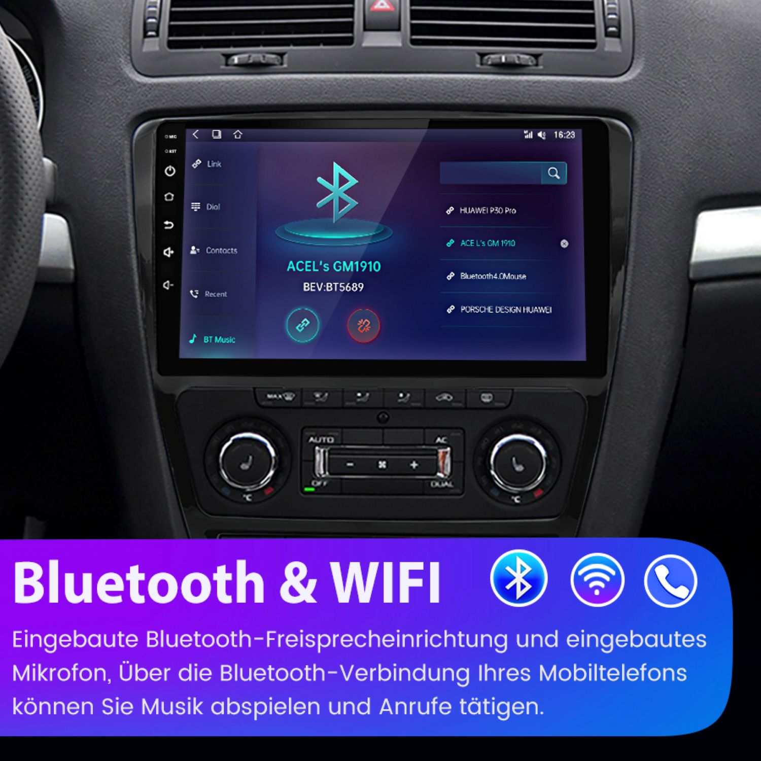 Ein Autoradiobildschirm mit einer blauen Oberfläche mit Bluetooth- und Wi-Fi-Symbolen.