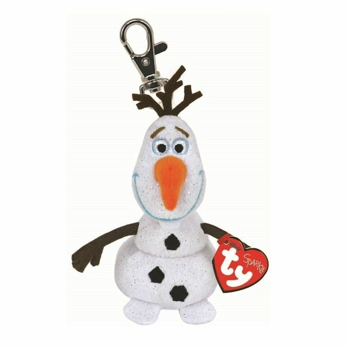 Olaf-Plüschtier mit Silberclip. Karottennase, schwarze Knöpfe und rotes 'Sparkle'-Herz.