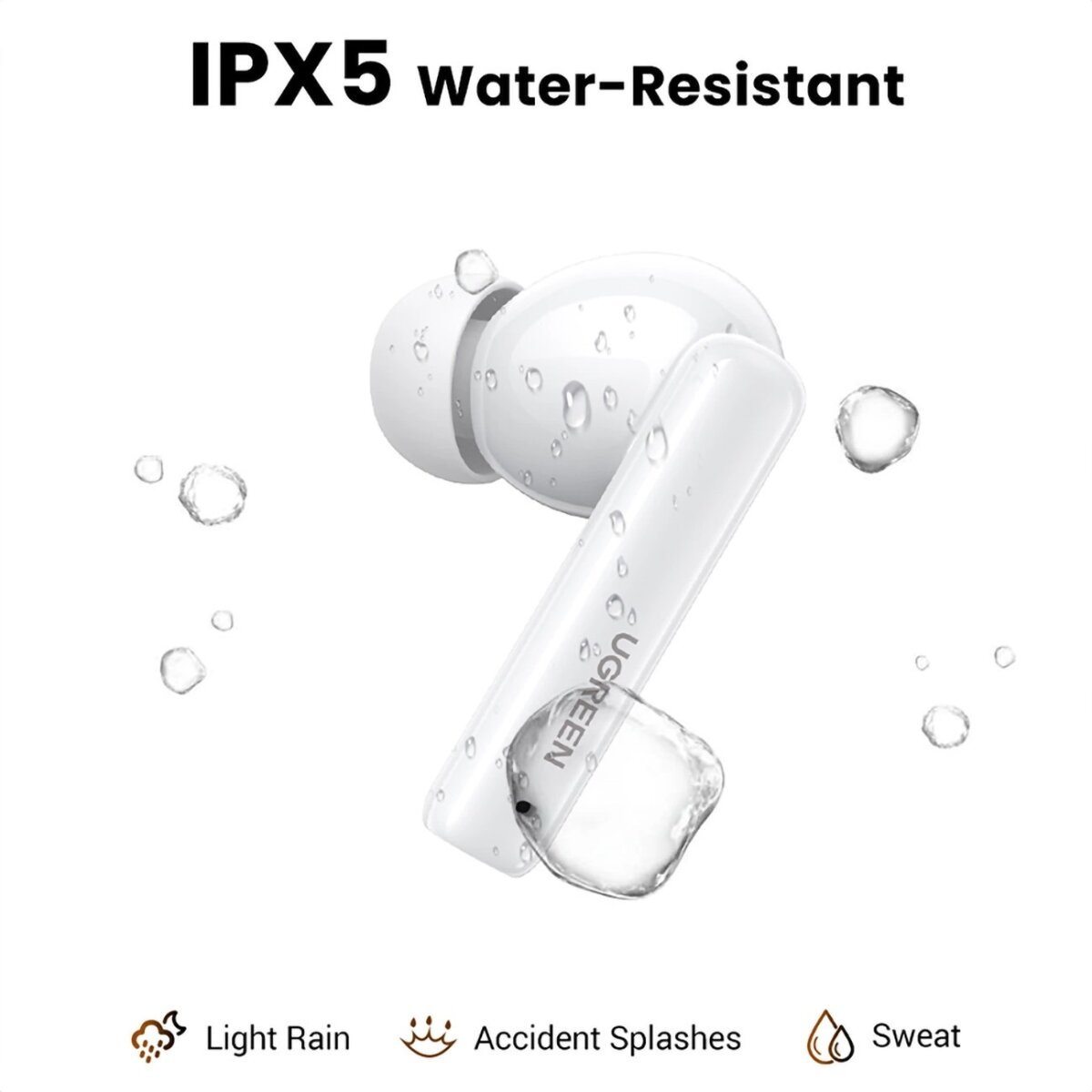 Białe słuchawki UGREEN z kroplami wody. Ikony wskazują odporność na lekki deszcz, zachlapania i pot.