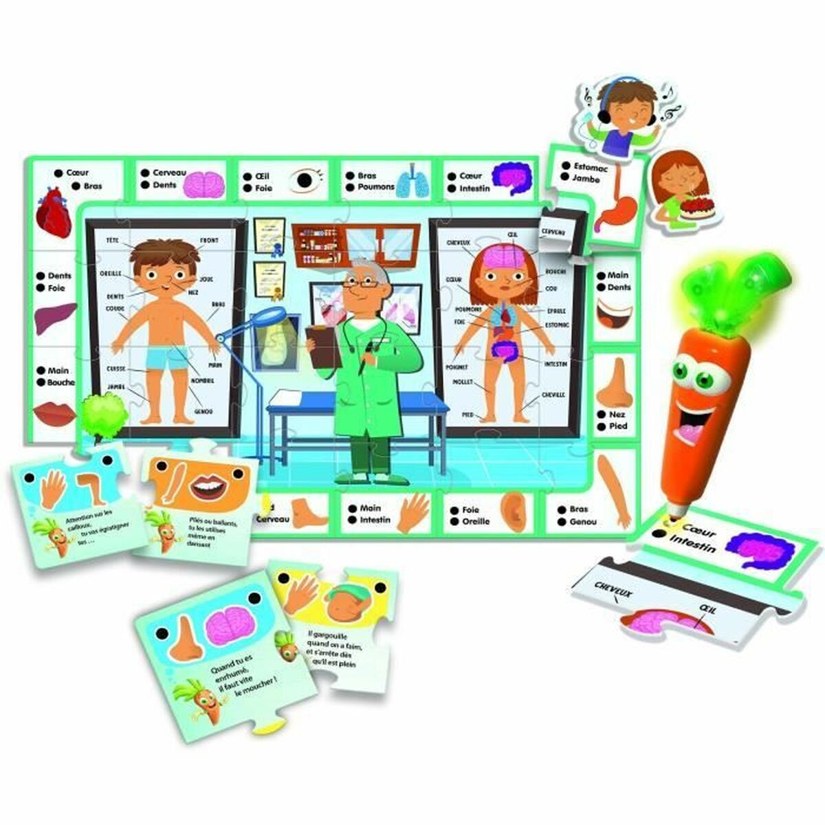 Un gioco di puzzle per bambini sul corpo umano, con un medico, una carota e parti del corpo.