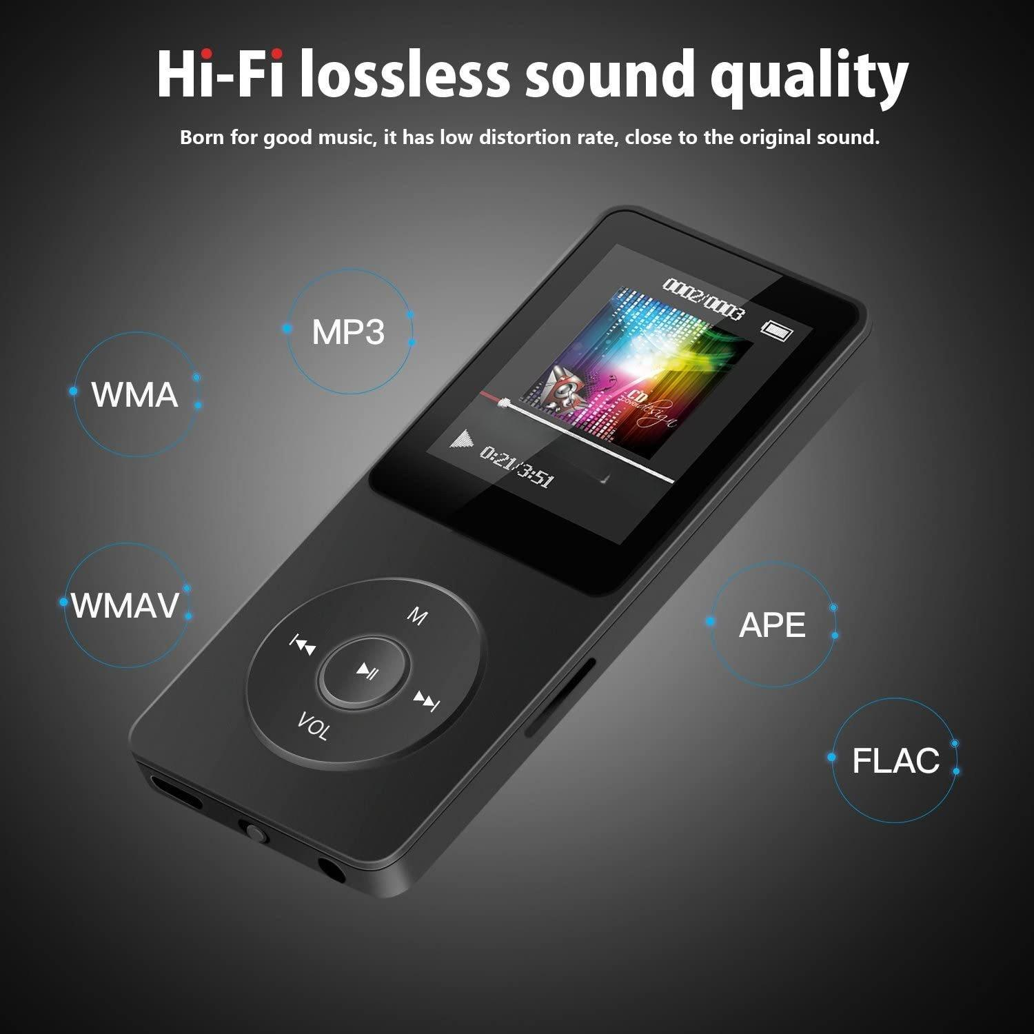 Schwarzer MP3-Player mit Bildschirm, der Musikinformationen anzeigt. Er hat Tasten und zeigt Audioformate an.