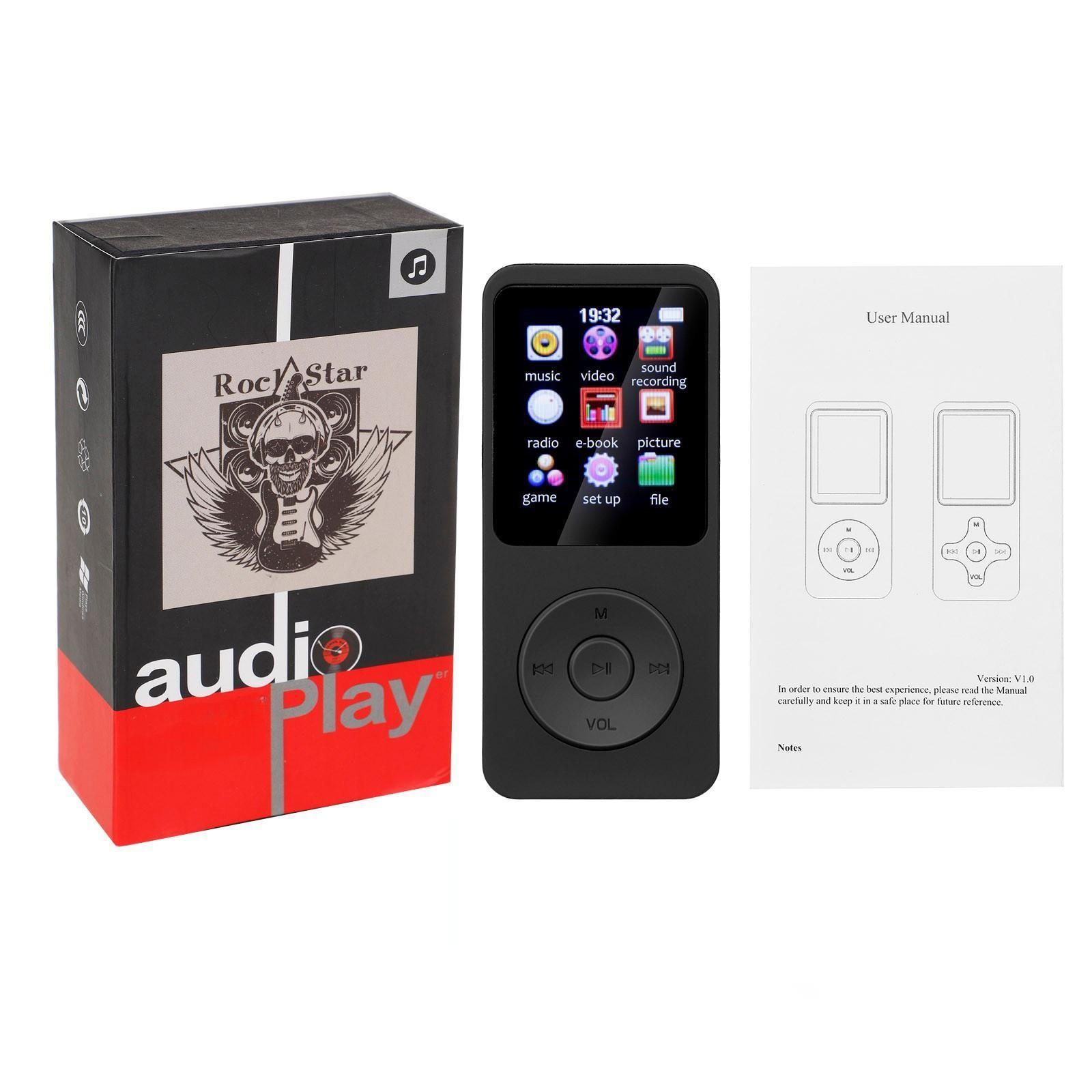 Schwarzer MP3-Player mit Box und Bedienungsanleitung, auf weißem Hintergrund.