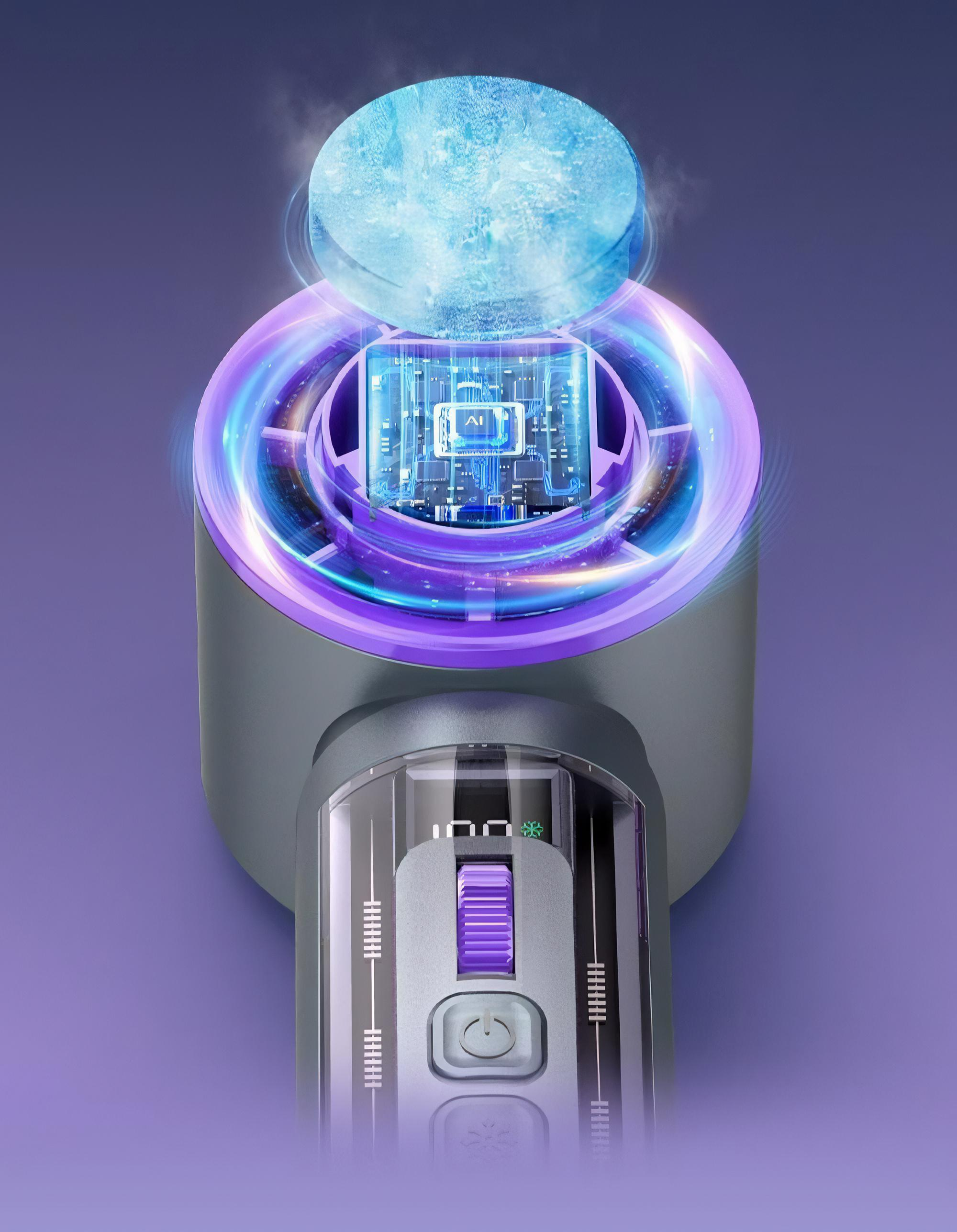 Nahaufnahme eines Handventilators, zeigt die Oberseite mit einem Kreis aus lila Licht und einem Digitaldisplay.