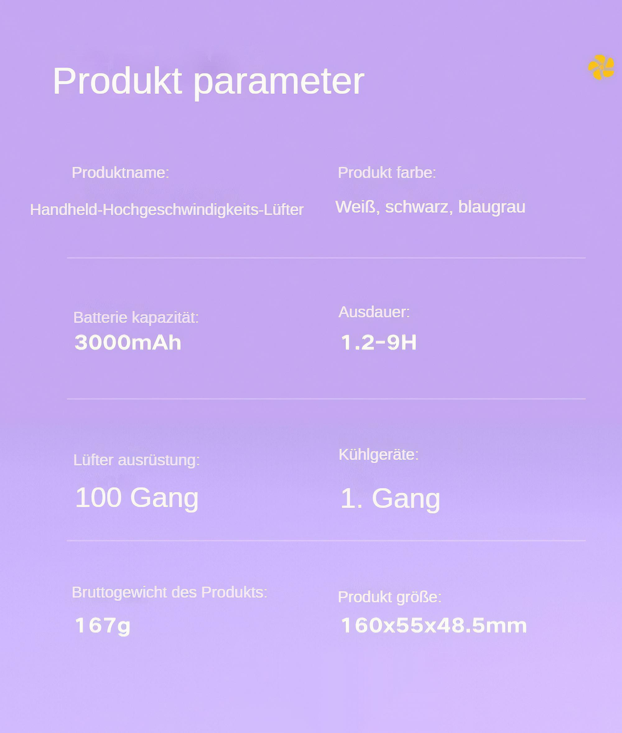 Produkttabelle: Produktname, Produktfarbe, Batteriekapazität und -dauer, Lüfter- und Kühlstufen.