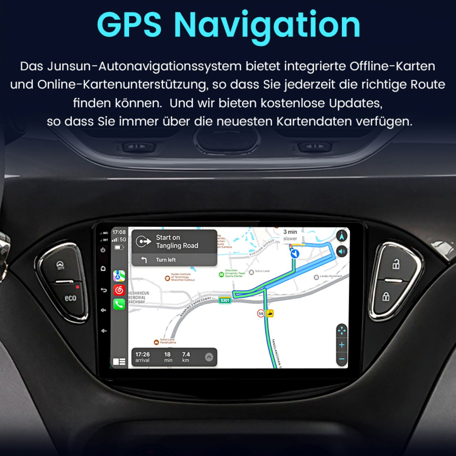 Auto-Multimedia-System, GPS-Navigationsschnittstelle wird auf dem Bildschirm mit Karte und Wegbeschreibungen angezeigt.