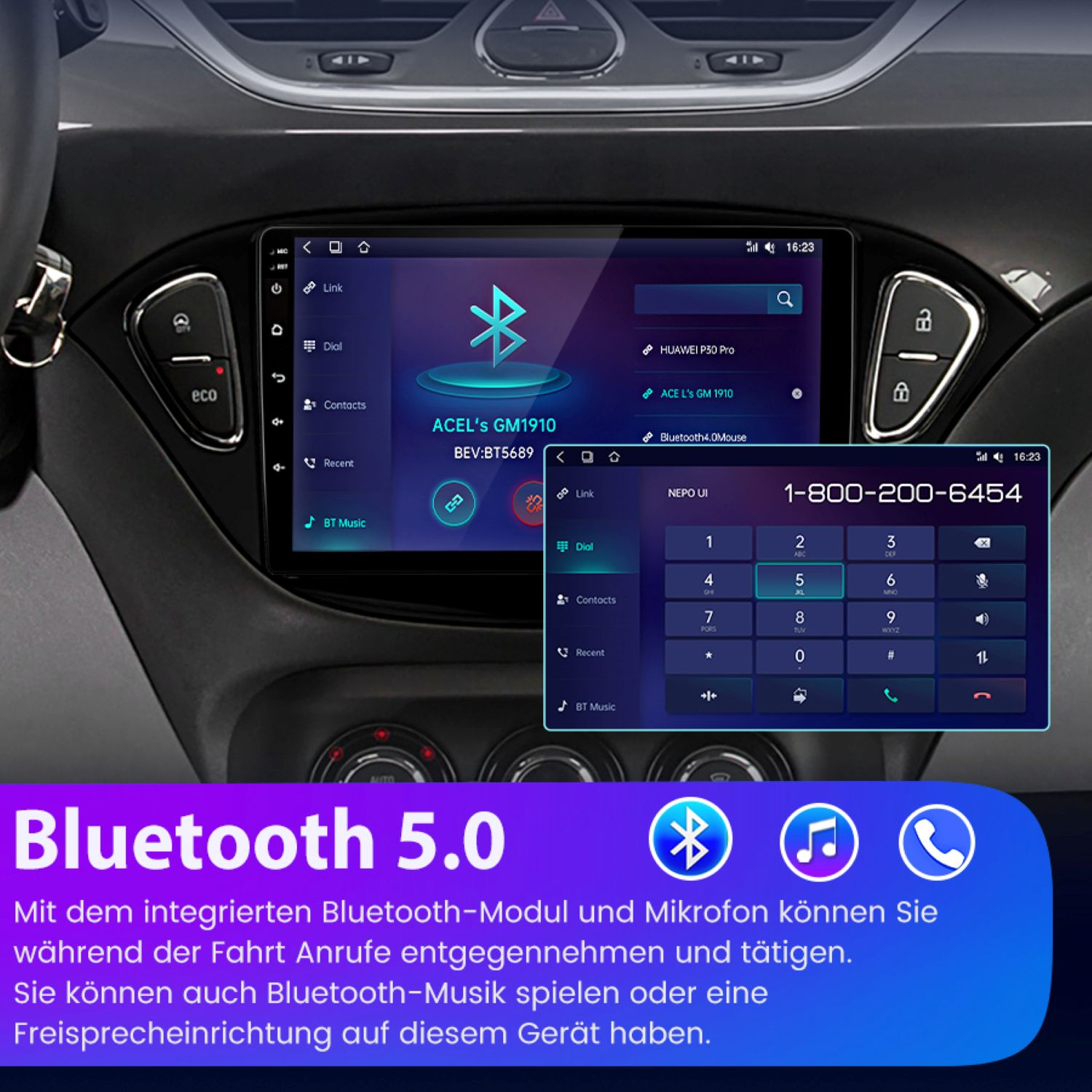 Auto-Multimedia-System-Oberfläche mit Bluetooth 5.0-Funktionen mit Anruf- und Musiksymbolen.
