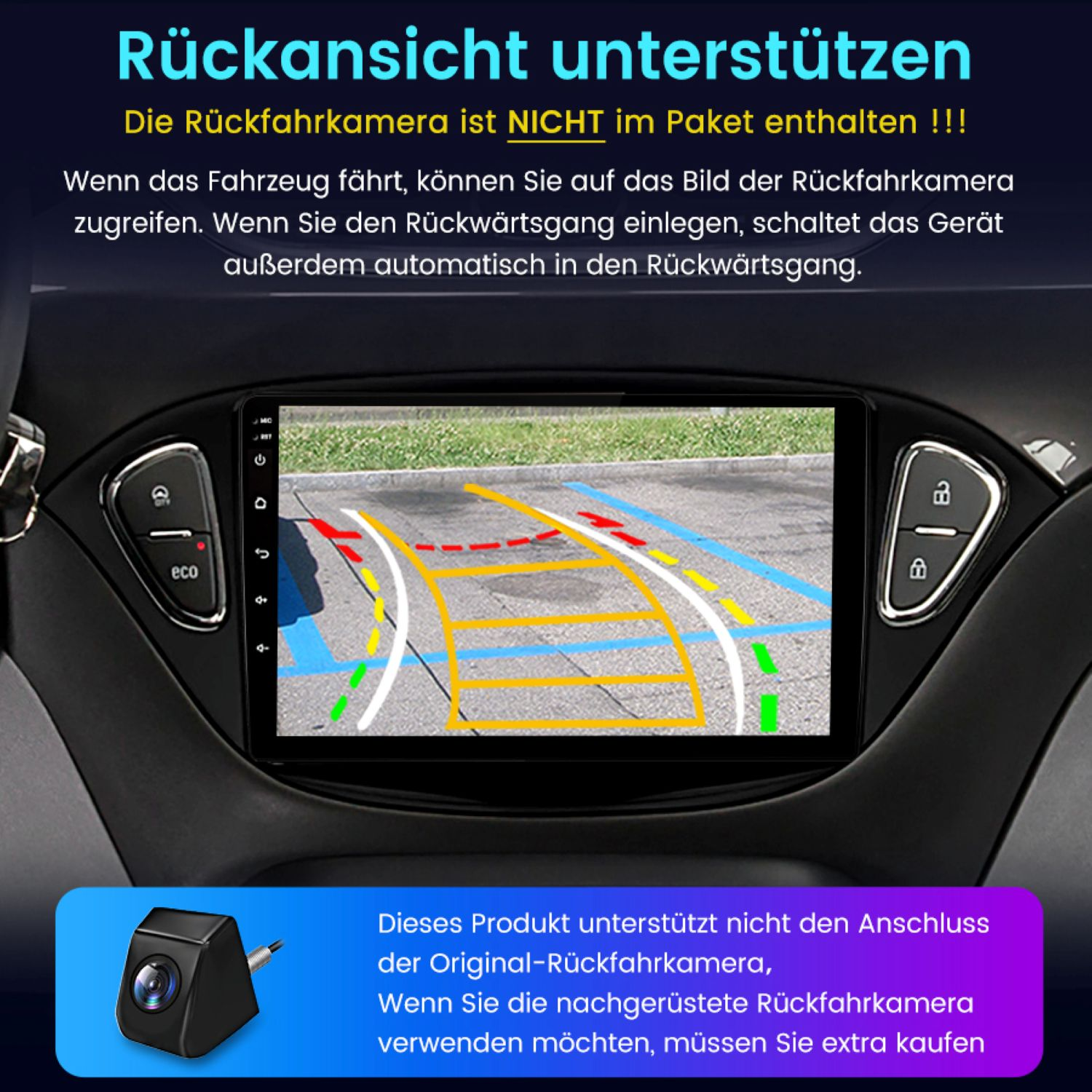 Der Bildschirm eines Armaturenbretts zeigt eine Parkassistentenansicht. Deutscher Text warnt vor dem fehlenden Rückfahrkamera.