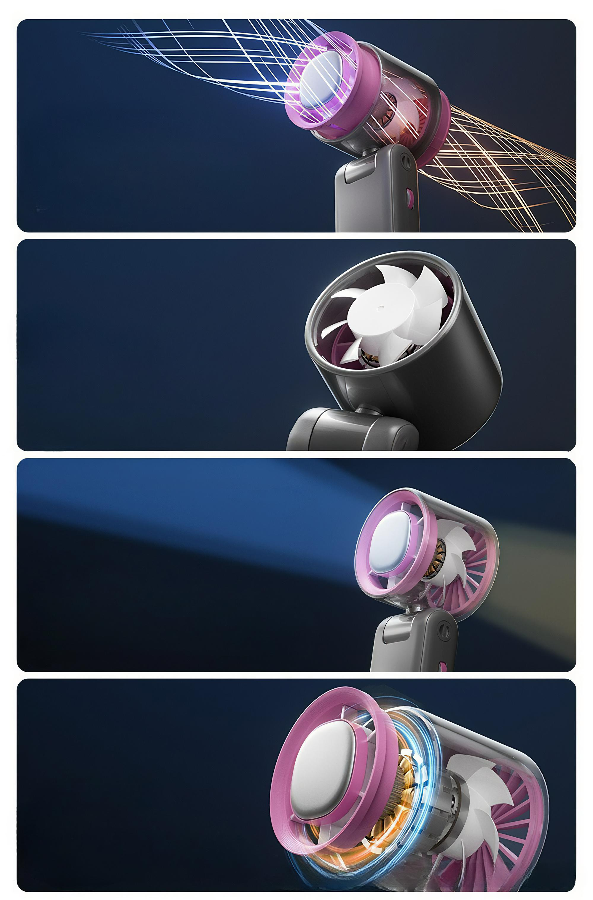 Eine Reihe von Bildern, die das Innenleben eines Mini-Ventilators zeigen, einschließlich der Lüfterblätter und des Luftstroms.