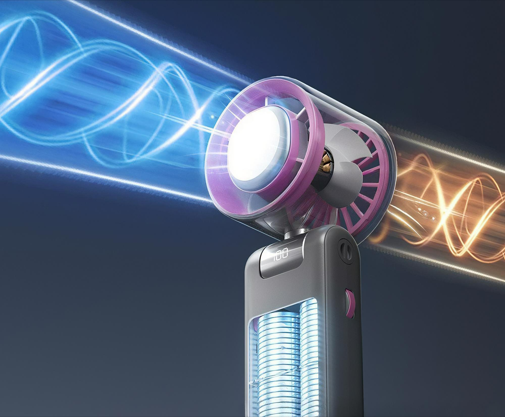 Ein Mini-Ventilator mit Digitalanzeige, der seine internen Komponenten zeigt. Der Luftstrom strömt in Blau und Orange aus.