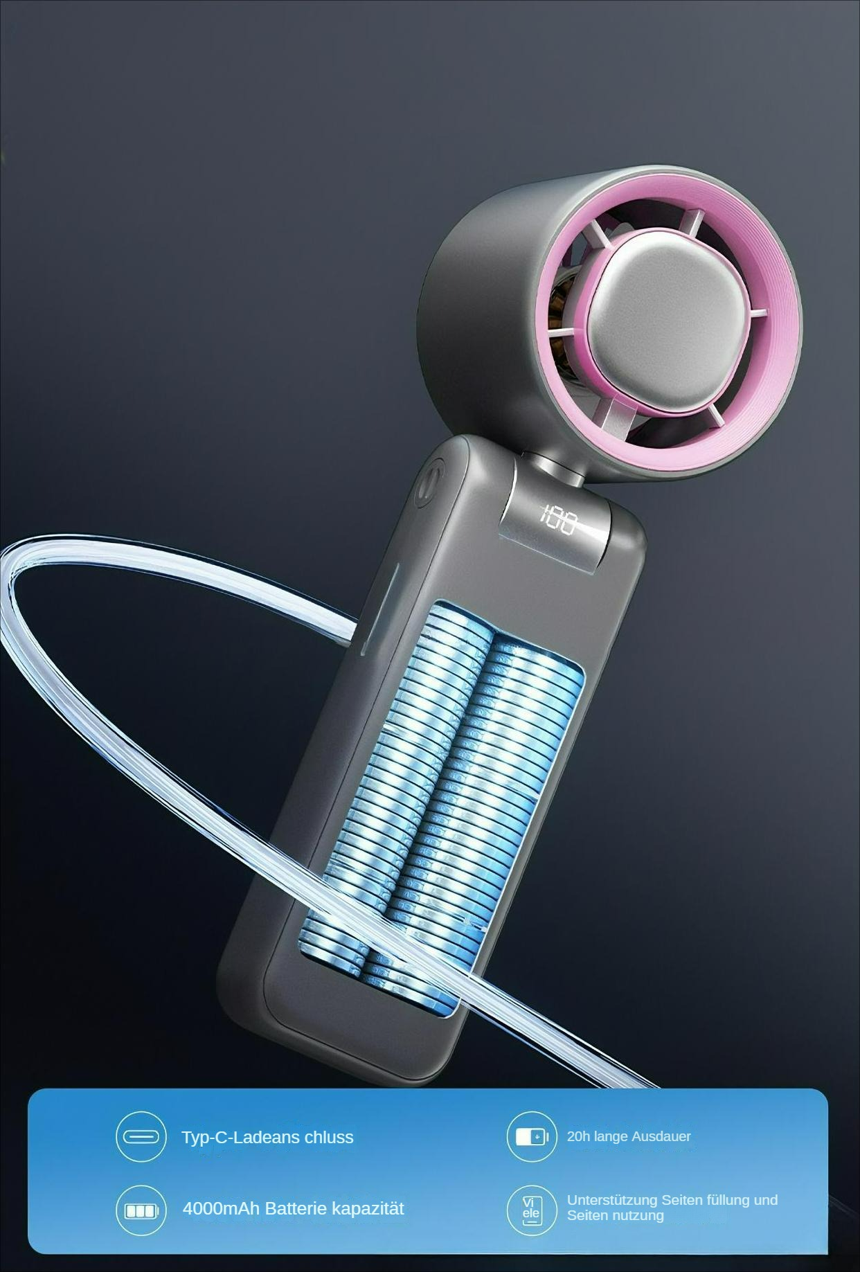 Ein Mini-Ventilator zeigt seine Batterie und Digitalanzeige. Informationen mit weißem Text auf dunklem Hintergrund.