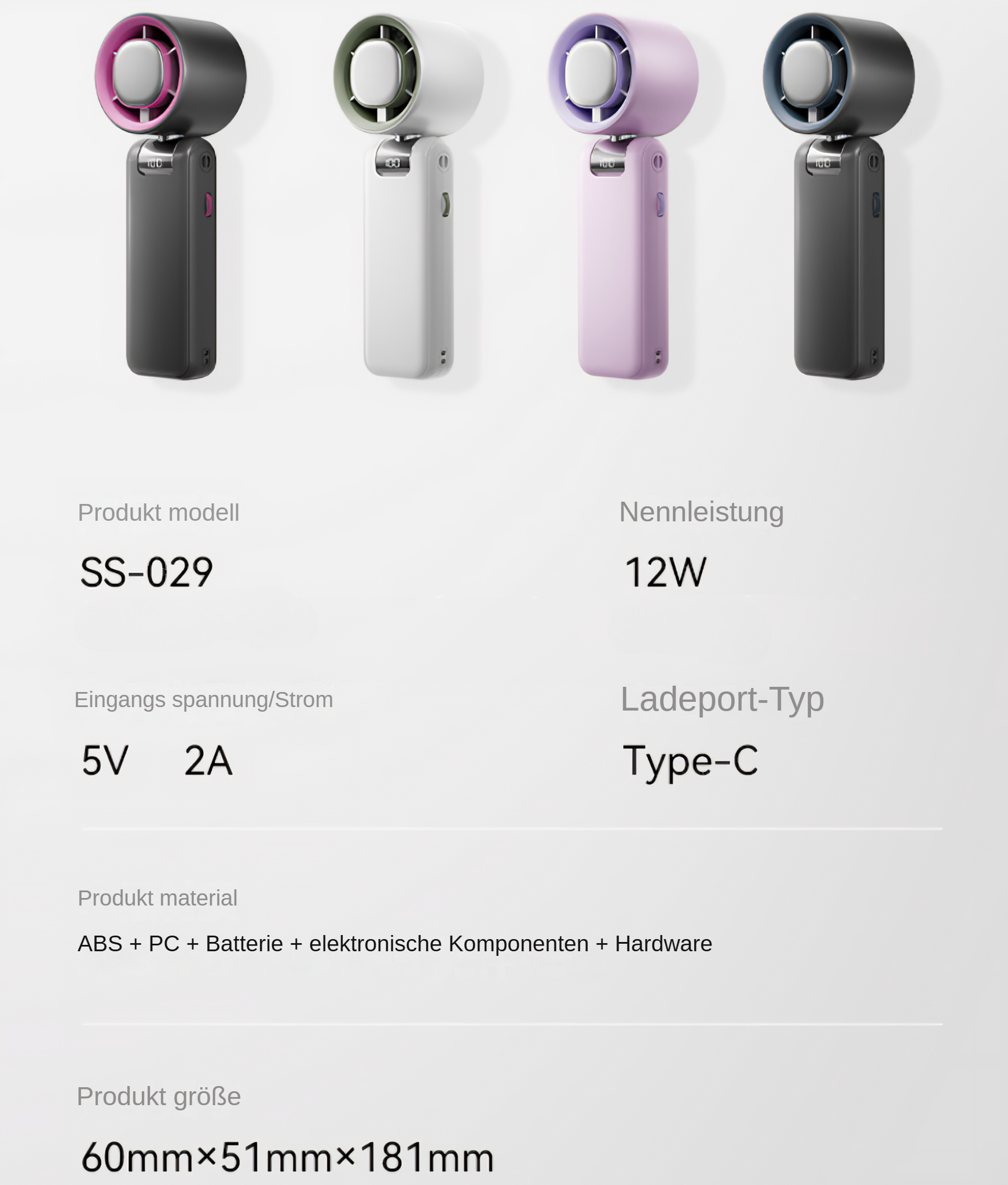 Vier Mini-Ventilatoren in verschiedenen Farben: Schwarz, Weiß, Lila und Blau. Produktdetails und Spezifikationen sind unten aufgeführt.