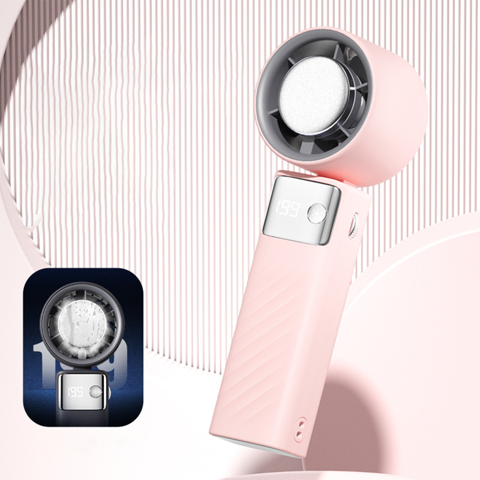 Ein rosa tragbarer Ventilator mit digitaler Anzeige '199', mit kleinem Einsatz, der den Ventilator und die Anzeige zeigt.