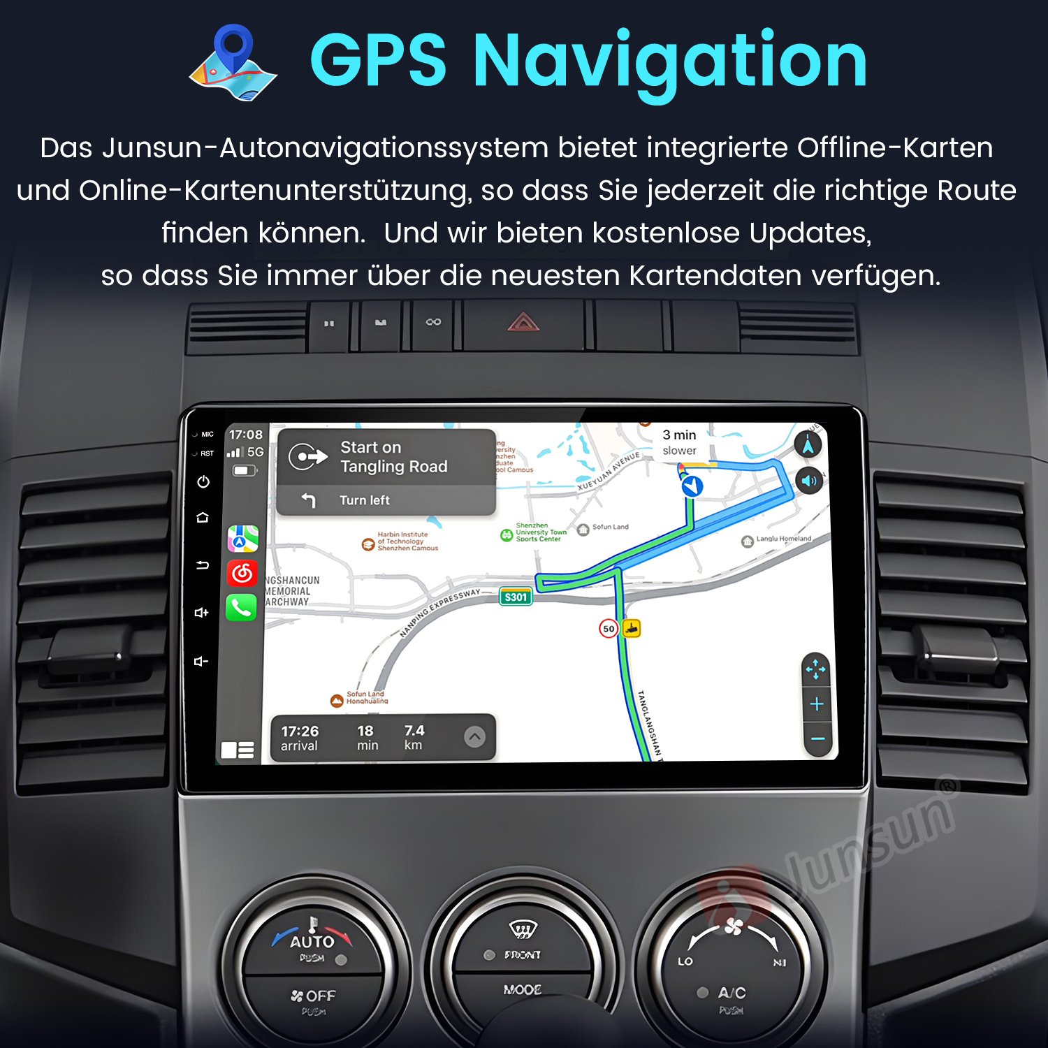 Autoradio-Bildschirm mit Navigationskarte und Route. Zeigt GPS-Navigationsdetails.