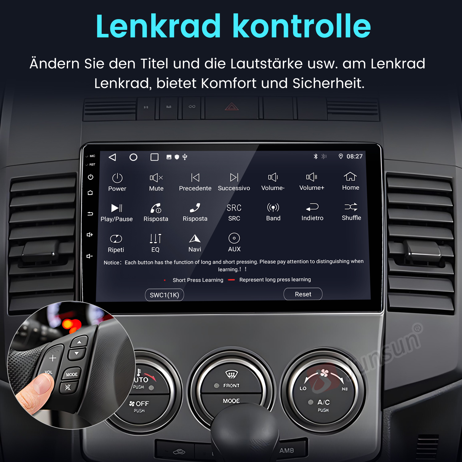 Autoradio-Bildschirm mit Steuertasten und Lenkradbedienung, zeigt Oberflächendetails.