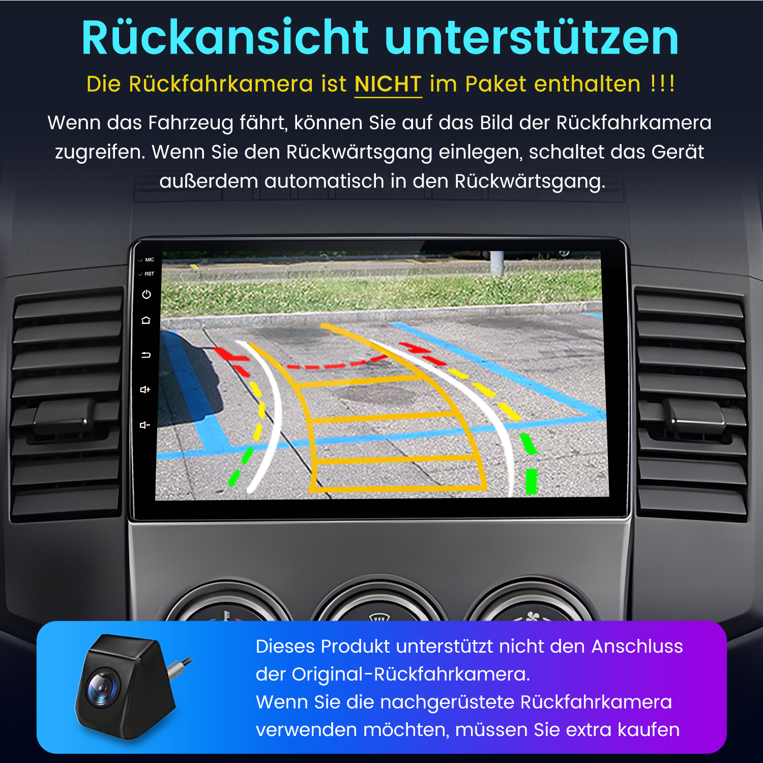 Autoradio-Bildschirm mit Rückfahrkameraansicht und Richtlinien, Nahaufnahme der Kamera.