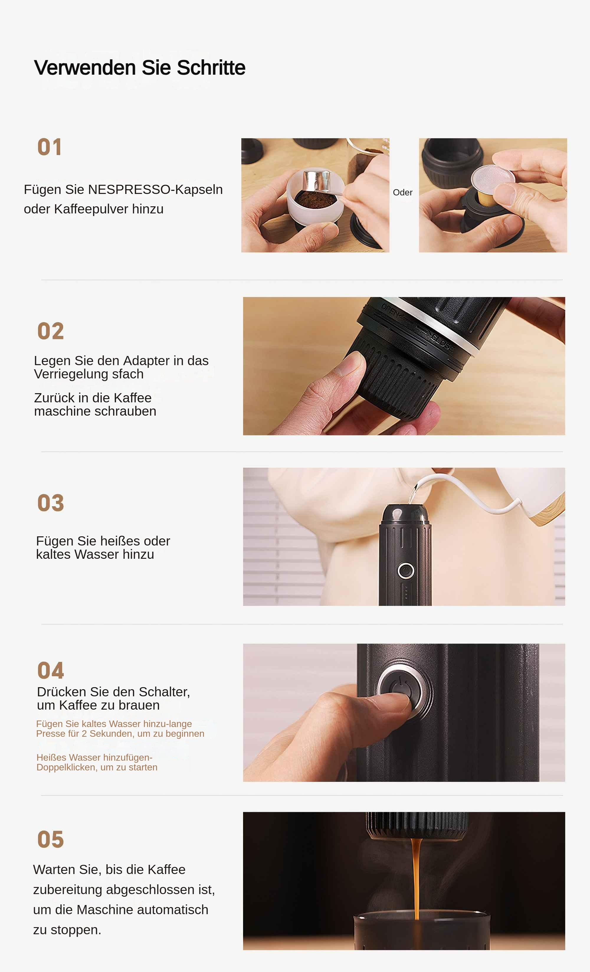 Schritt-für-Schritt-Anleitung zur Verwendung einer Kaffeemaschine. Enthält Bilder von Kaffee, Wasser und Knopfdruck.