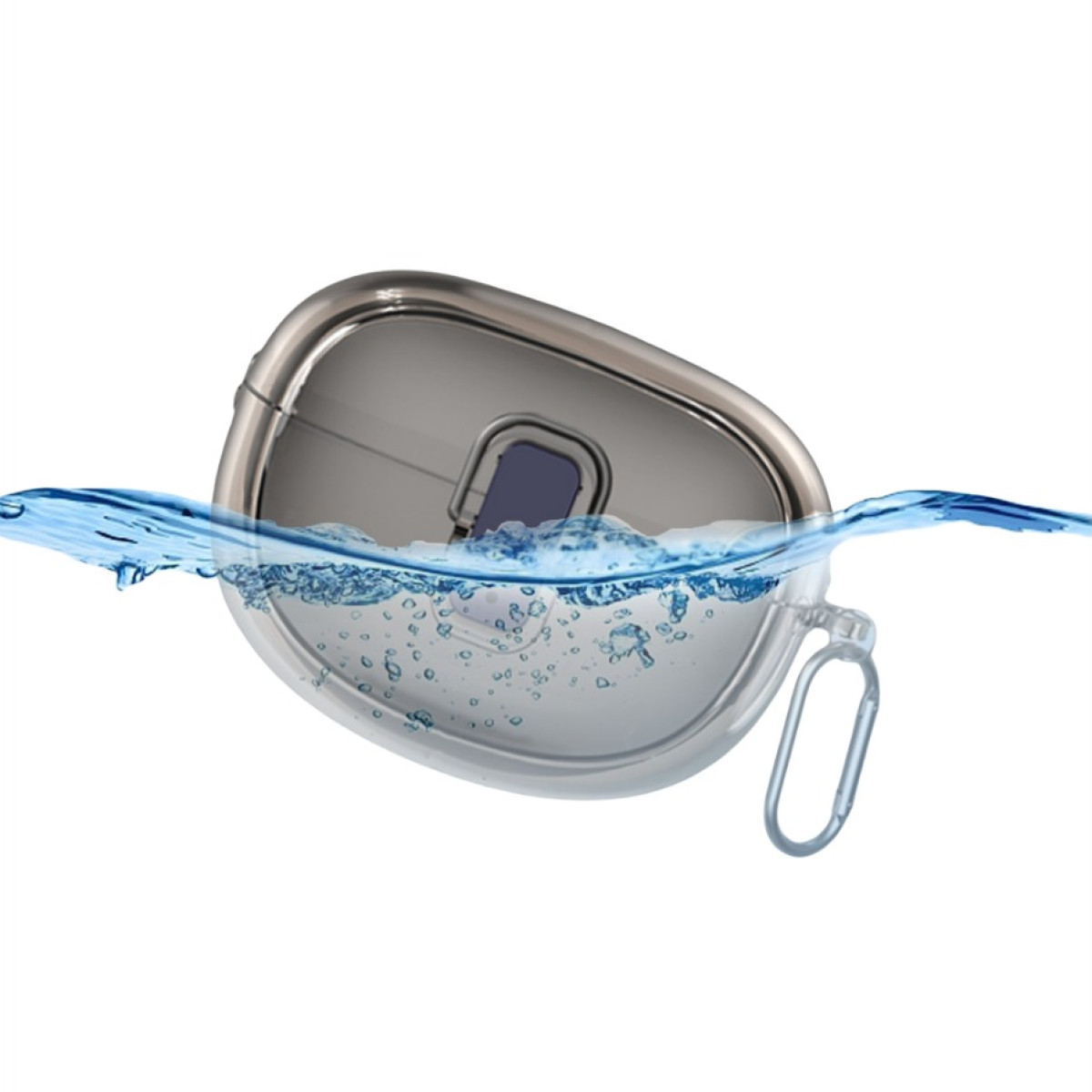 Una custodia trasparente per auricolari immersa nell'acqua, con bolle visibili intorno.