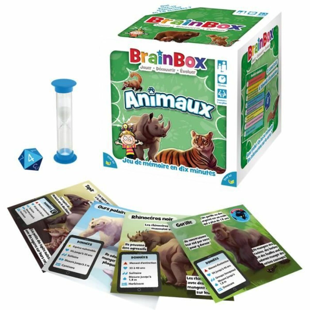 Scatola del gioco BrainBox, carte, clessidra e dadi.
