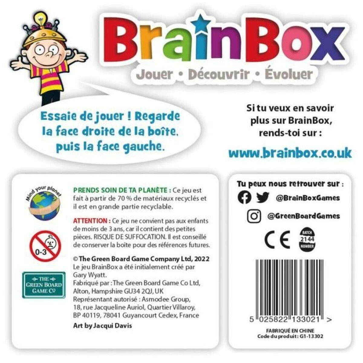 Scatola del gioco BrainBox, testo in francese, dettagli e riciclo.