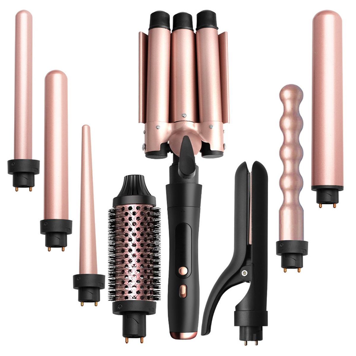 Set mit Aufsätzen für Lockenstäbe in Roségold. Enthält verschiedene Lockenwickler und ein Glätteisen.