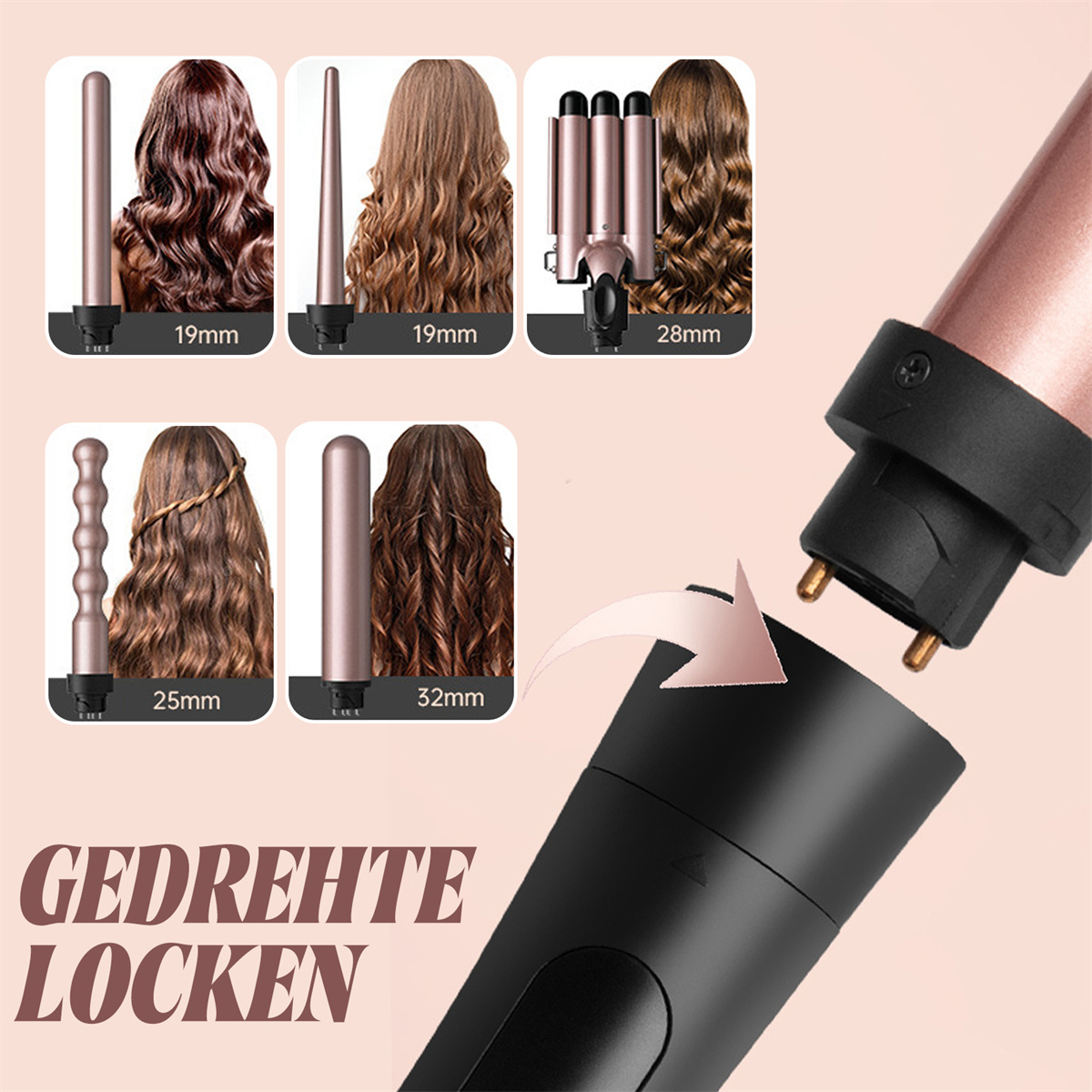 Lockenstab mit austauschbaren Aufsätzen. Bilder zeigen verschiedene Locken: Wellen, Locken, Spirallocken.