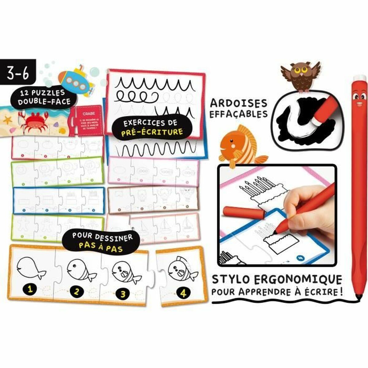 Un set di attività di disegno per bambini. Include puzzle di disegno, attività di tracciamento e una penna rossa.