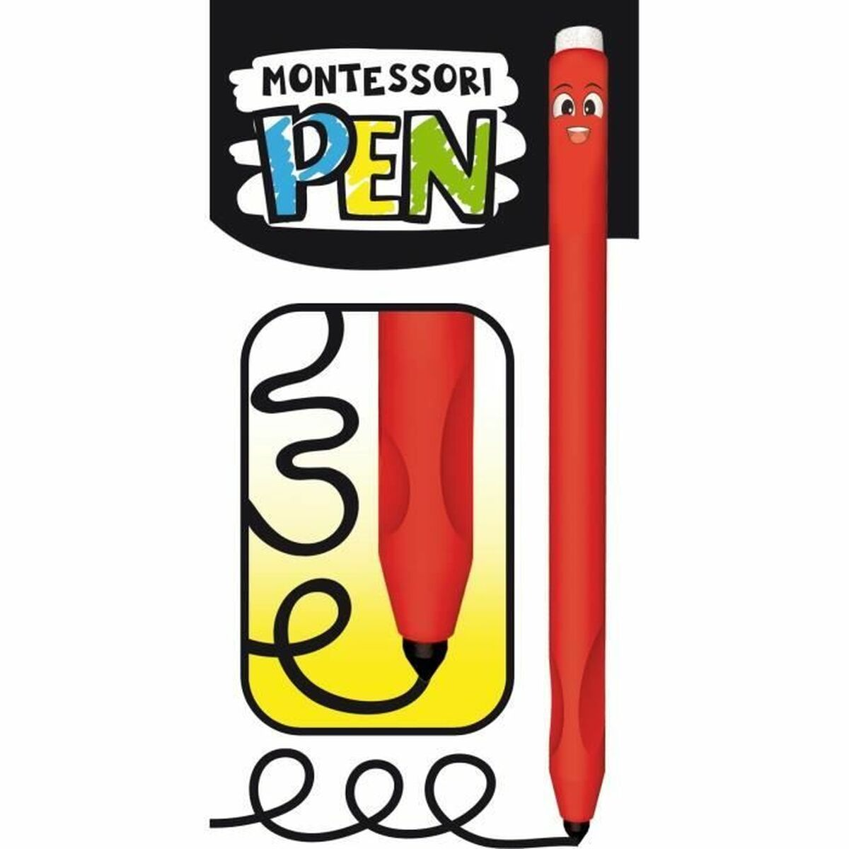 Una penna rossa con una faccia sorridente e tracce di inchiostro nero. La penna è vicino a un disegno con la lettera 'e'.