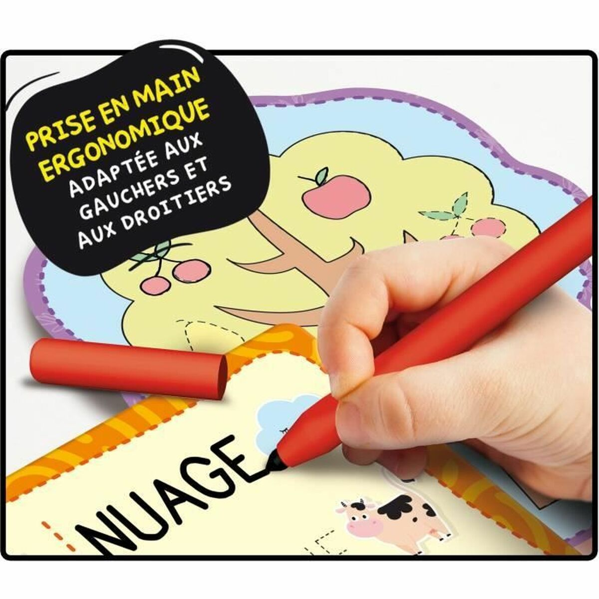 Una mano usa una penna rossa per scrivere su un foglio di lavoro. Il foglio ha la parola 'NUAGE'.