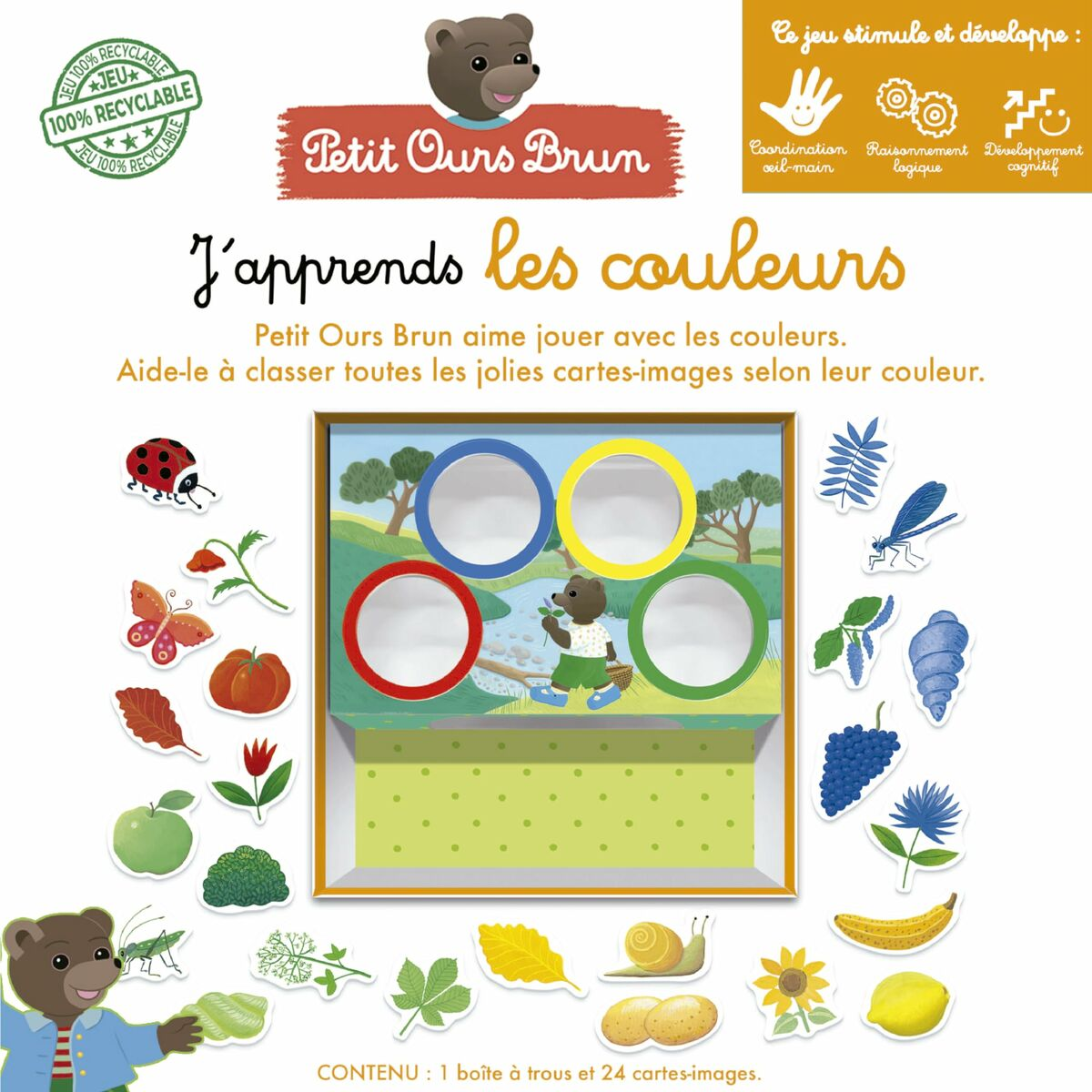 Scatola di gioco con un orso, cerchi colorati e carte con frutta e foglie. Testo in francese.