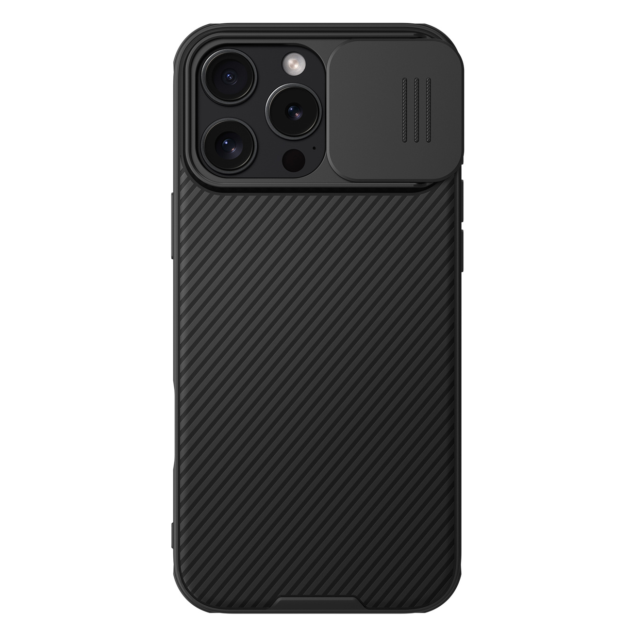 Una custodia per telefono nera con una copertura per la fotocamera su sfondo bianco.